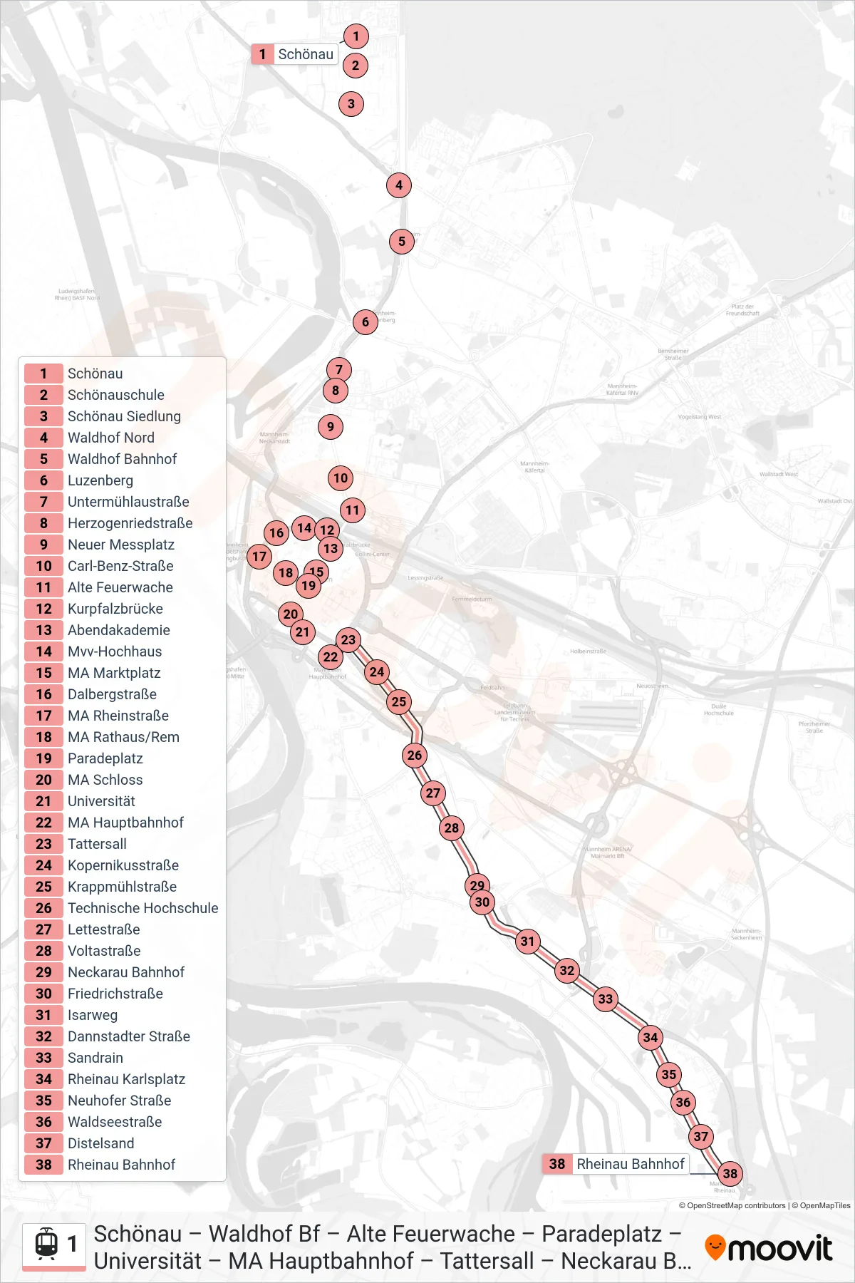 Linie 1 (Straßenbahn) Richtung Rheinau Bahnhof: Route und Haltestellen auf der Karte