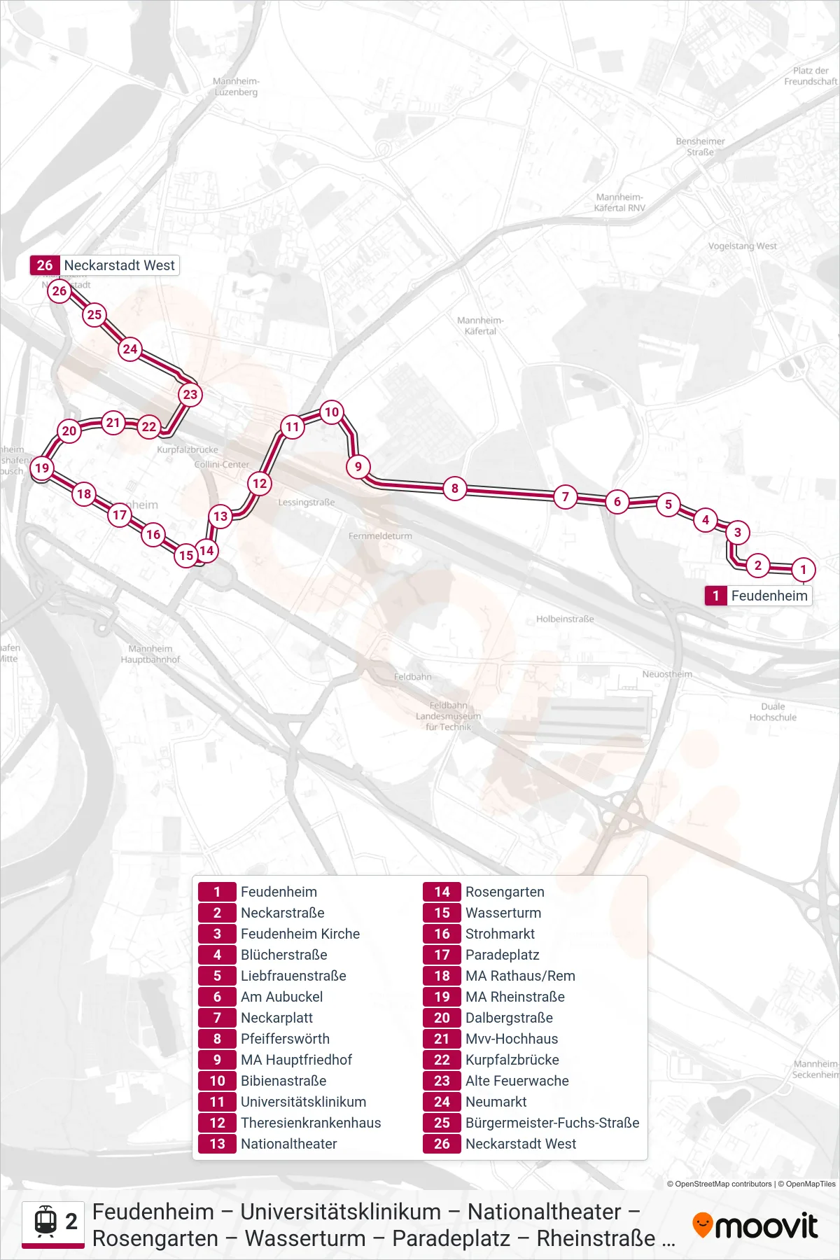 Linie 2 (Straßenbahn) Richtung Neckarstadt West: Route und Haltestellen auf der Karte
