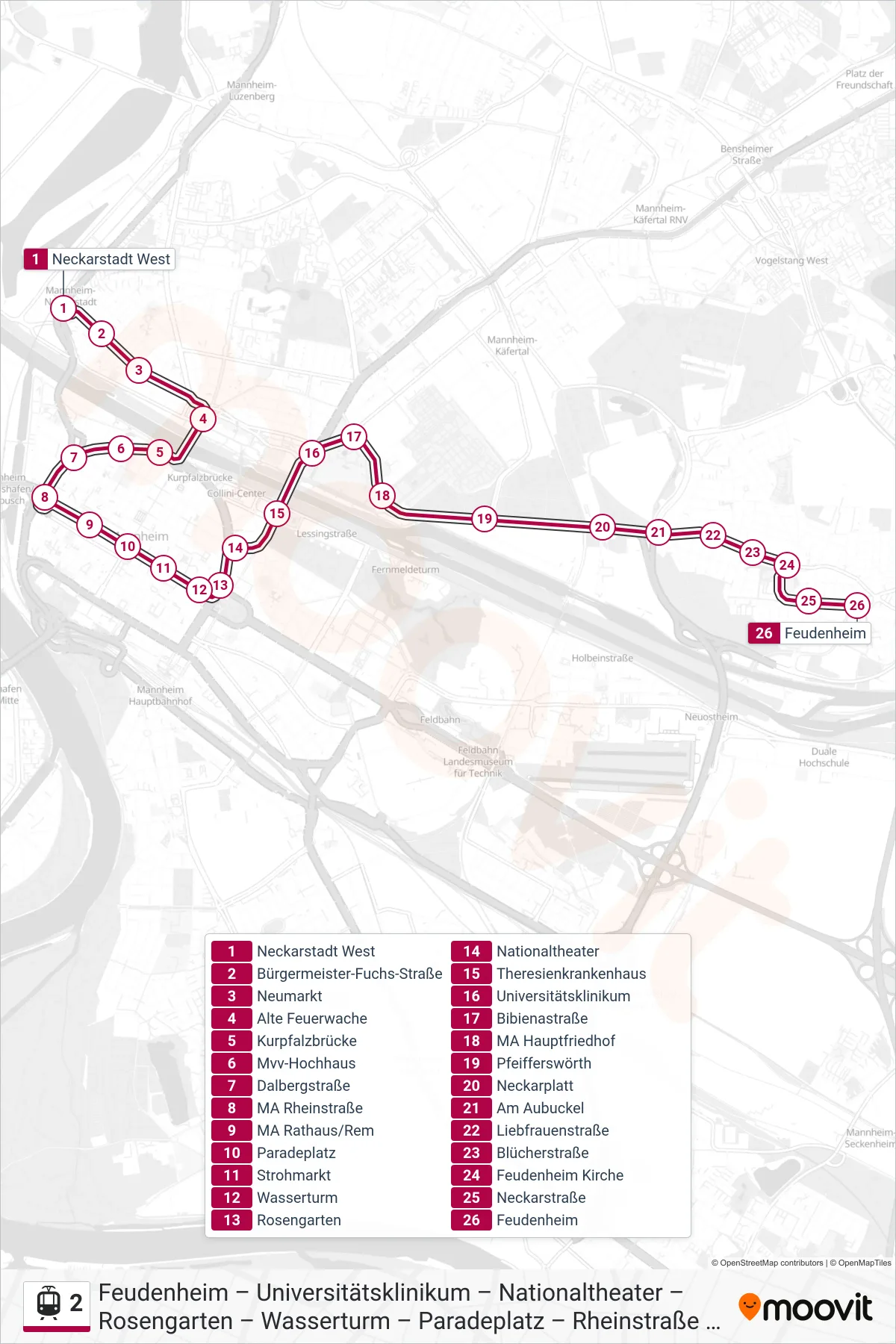2 light rail Line (Feudenheim) route and stops on a map
