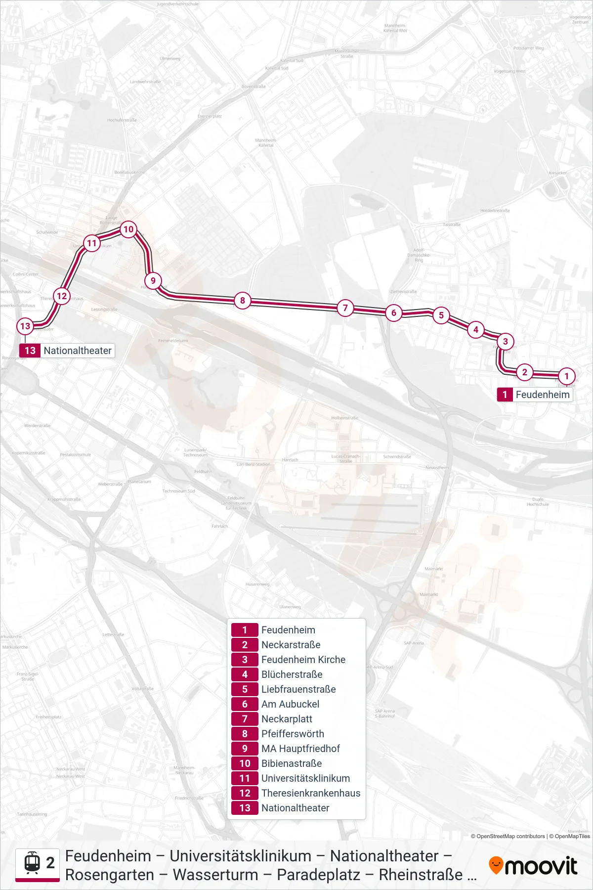2 light rail Line (Nationaltheater) route and stops on a map