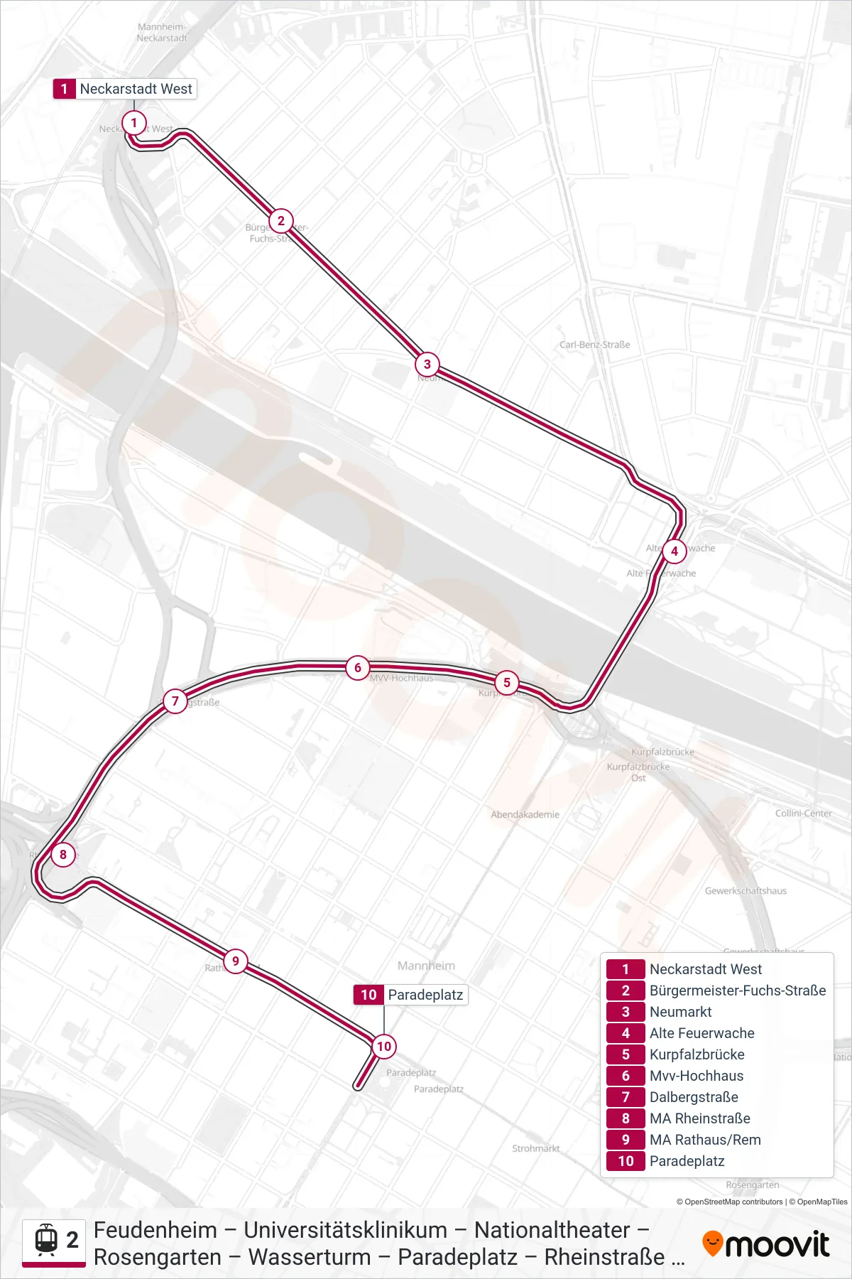 2 light rail Line (Paradeplatz) route and stops on a map