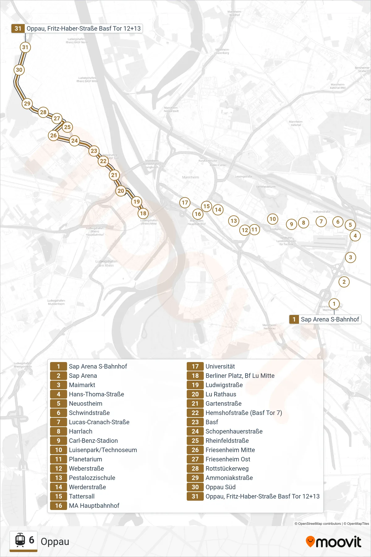 6 light rail Line (Oppau) route and stops on a map
