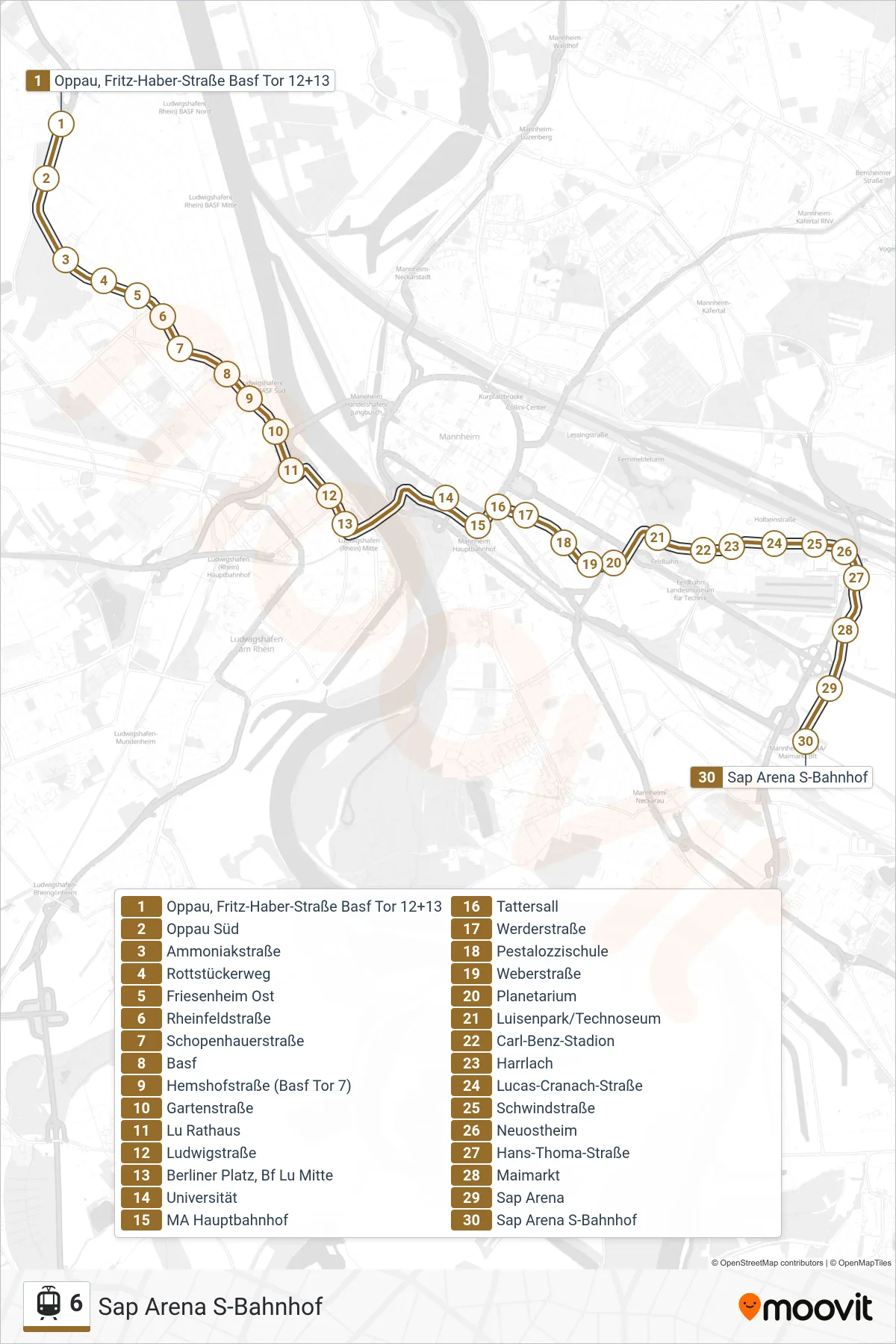6 light rail Line (Sap Arena S-Bahnhof) route and stops on a map