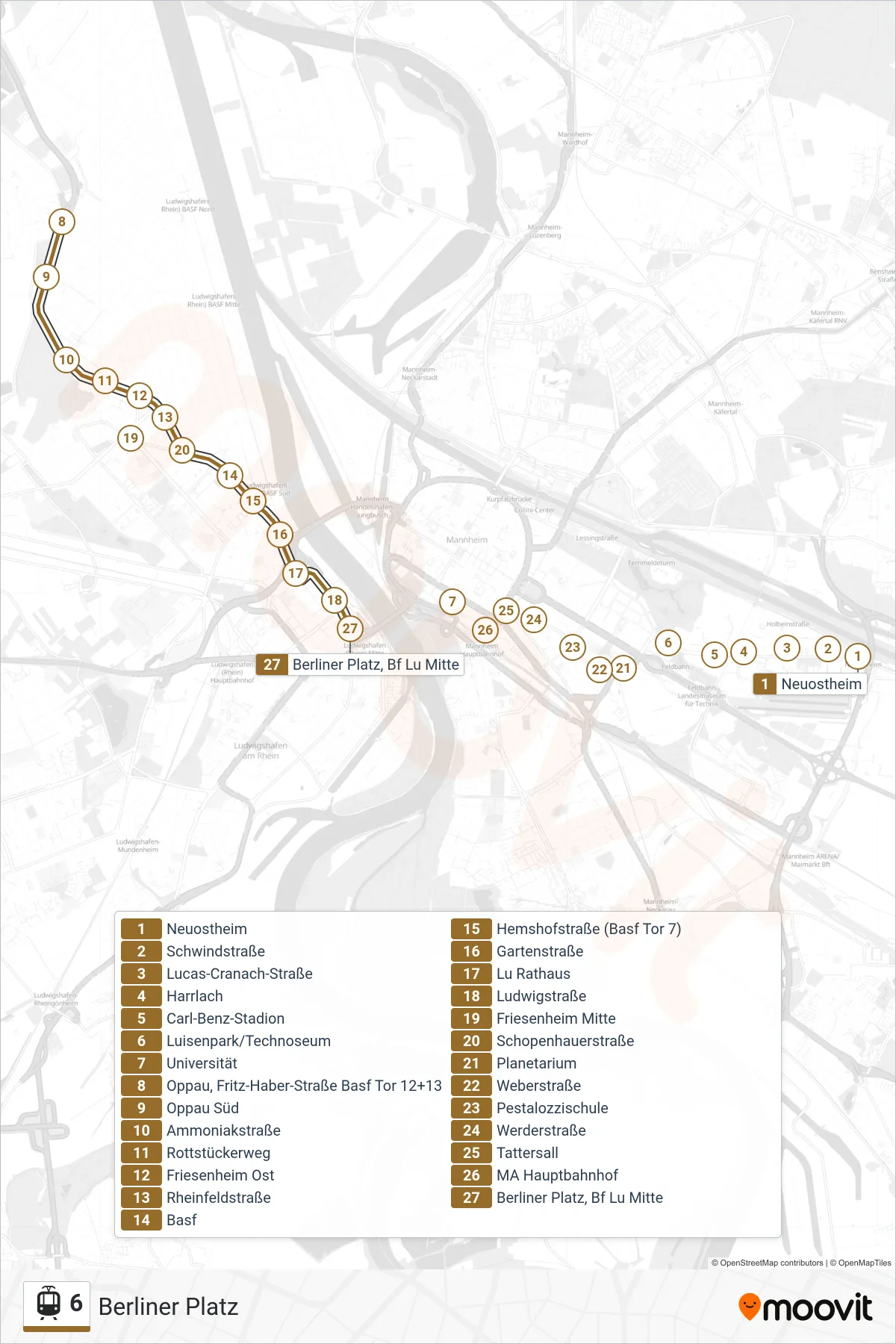 6 light rail Line (Berliner Platz) route and stops on a map