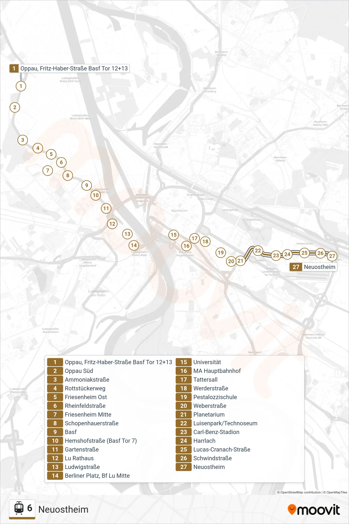 Linie 6 (Straßenbahn) Richtung Neuostheim: Route und Haltestellen auf der Karte