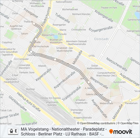 Трамвай E: карта маршрута