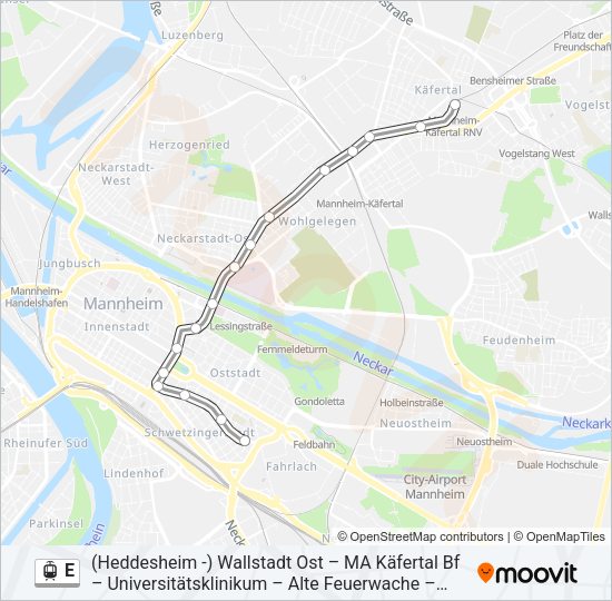 Трамвай E: карта маршрута