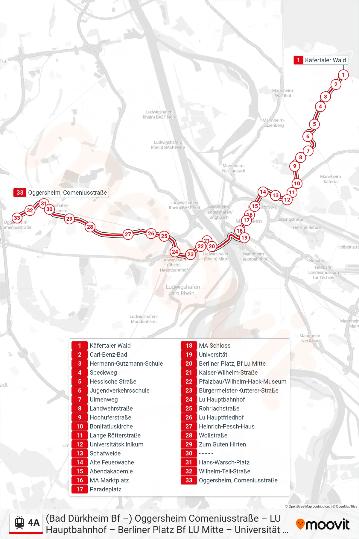 4A light rail Line (Oggersheim) route and stops on a map