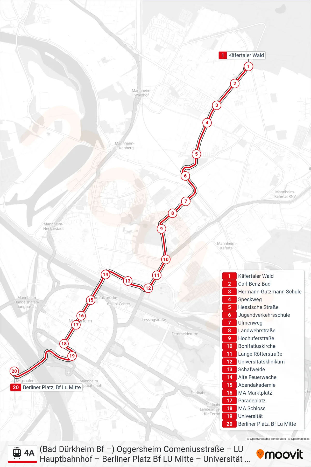 4A light rail Line (Berliner Platz) route and stops on a map