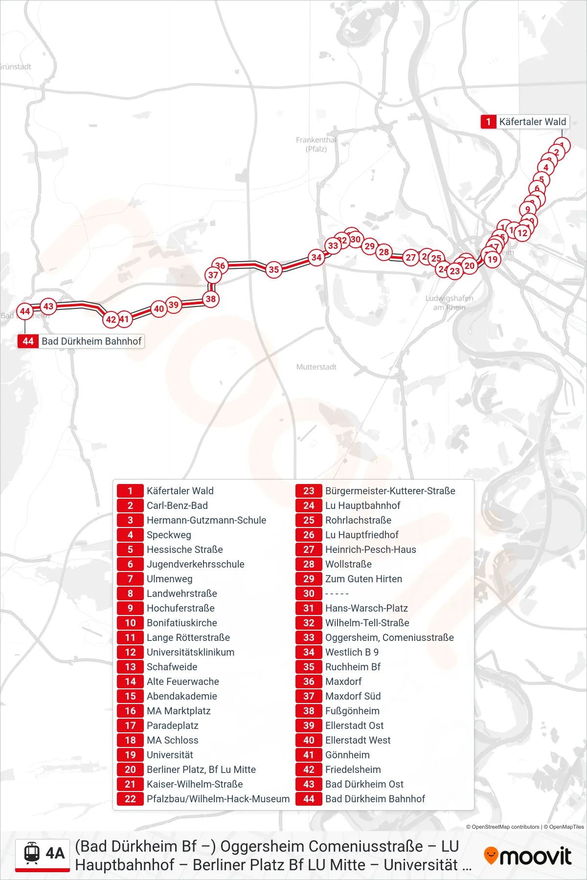 4A light rail Line (Bad Dürkheim) route and stops on a map