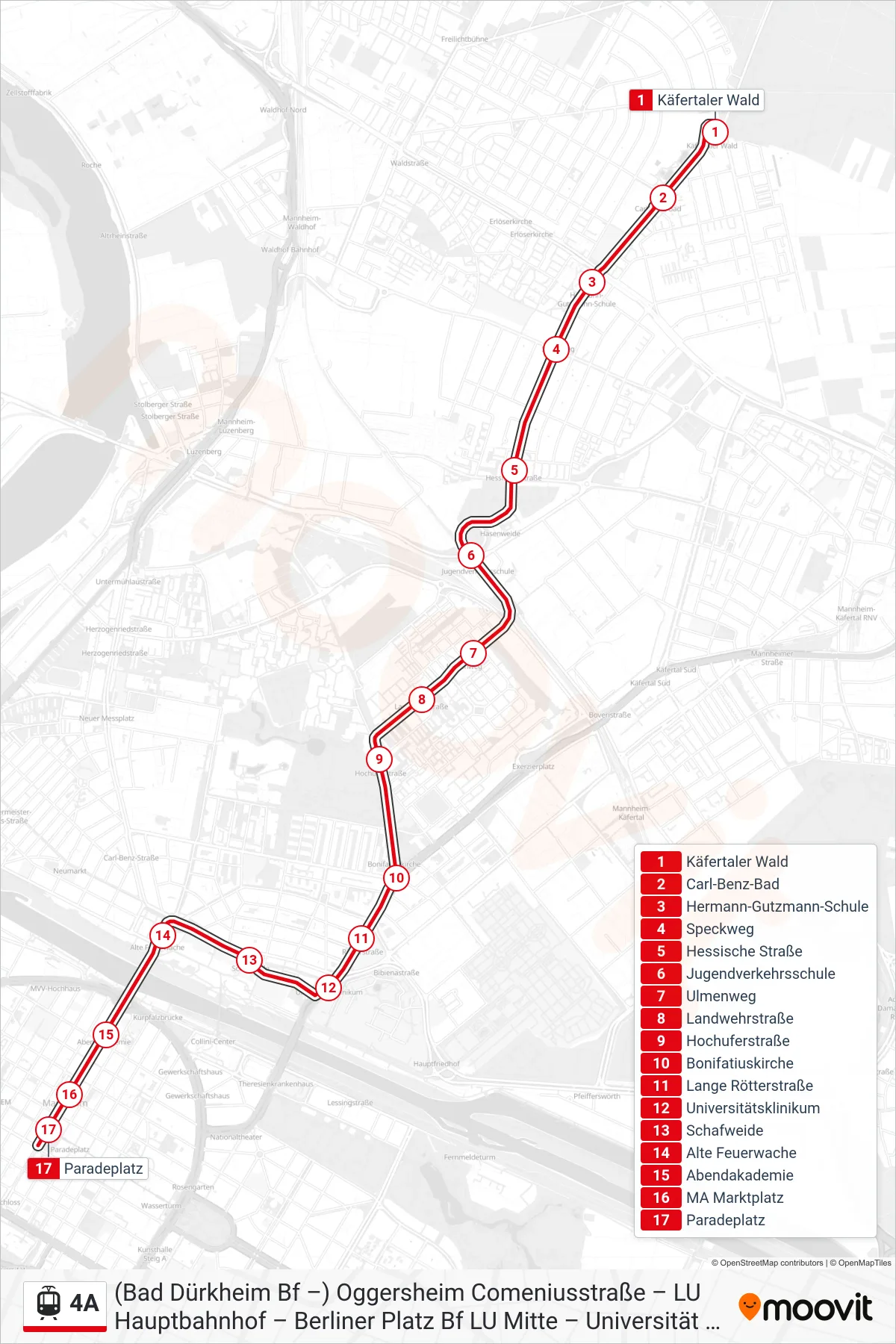 4A tram Line (Paradeplatz) route and stops on a map