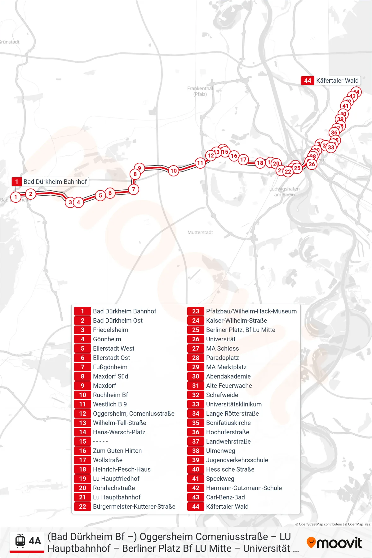 4A light rail Line (Mannheim) route and stops on a map