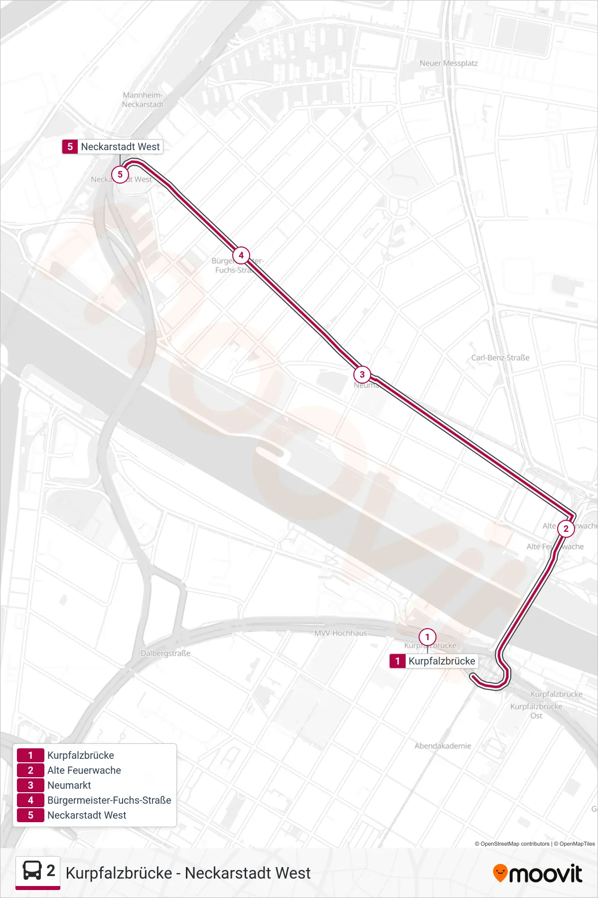Linie 2 (Bus) Richtung Neckarstadt West: Route und Haltestellen auf der Karte