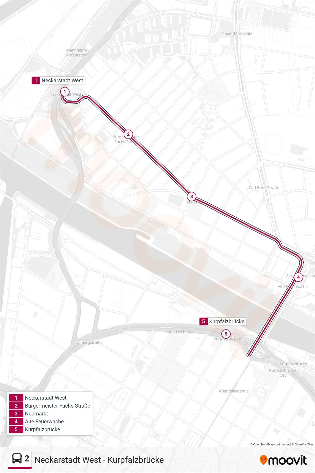 Linie 2 (Bus) Richtung Kurpfalzbrücke: Route und Haltestellen auf der Karte