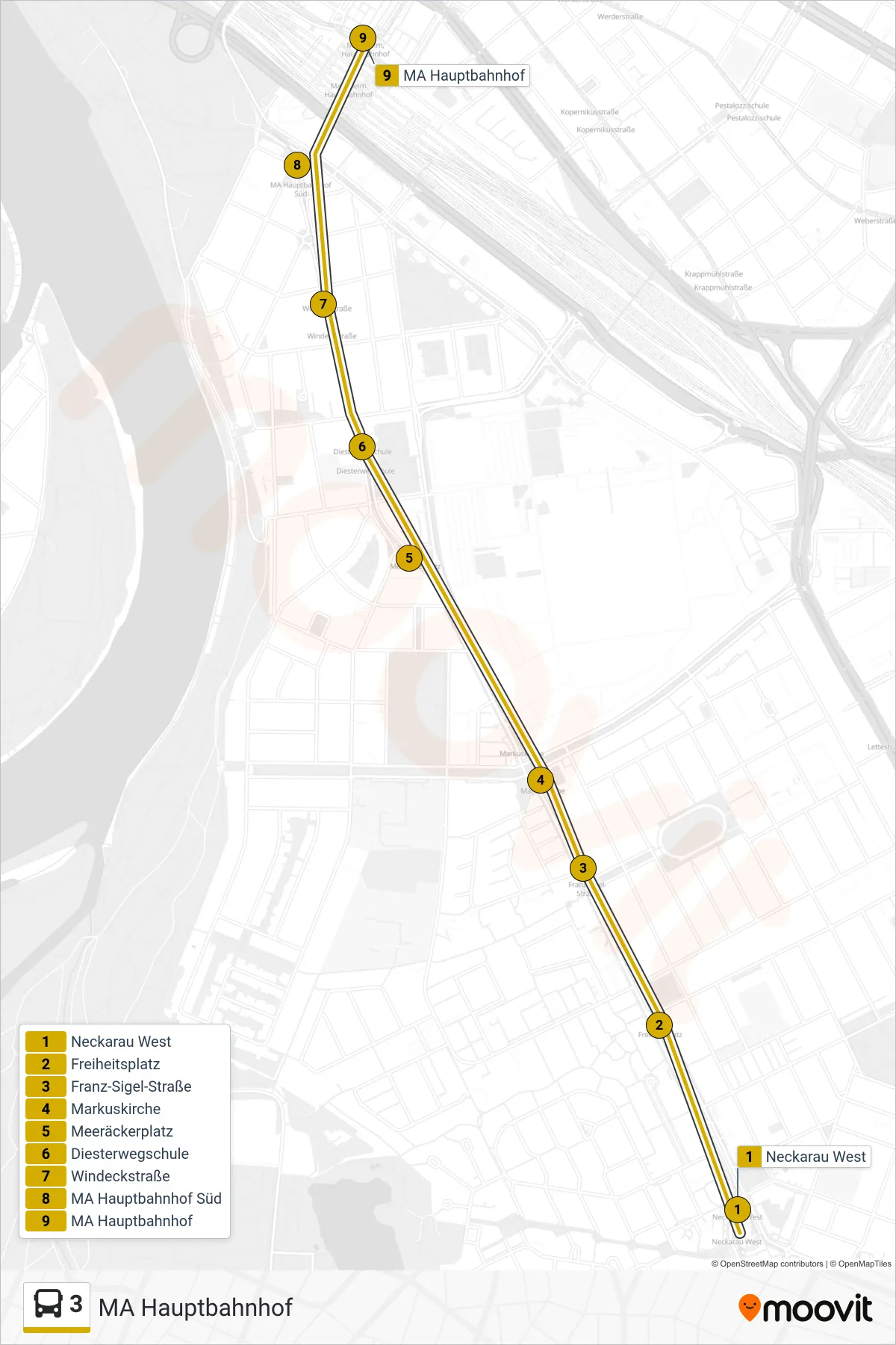 Linie 3 (Bus) Richtung MA Hauptbahnhof: Route und Haltestellen auf der Karte