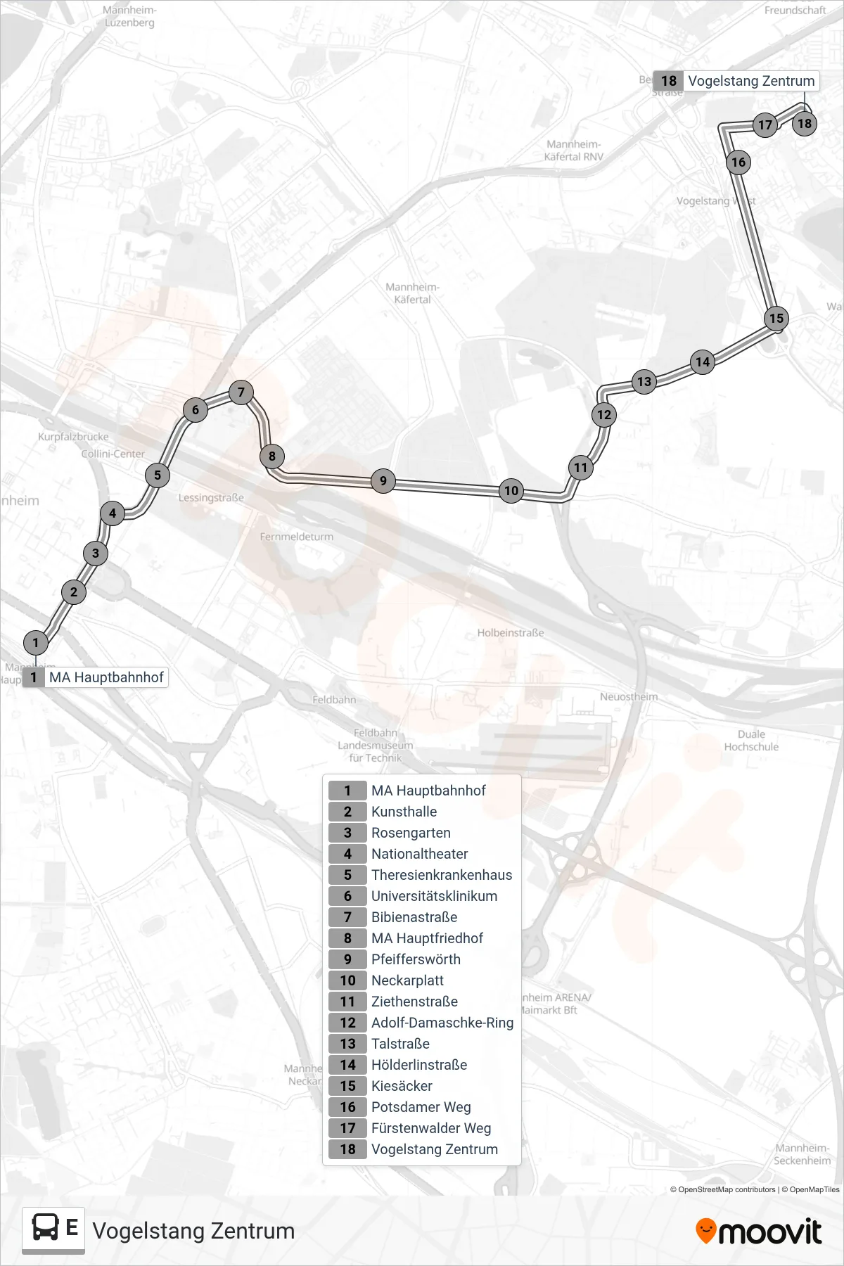 Linie E (Bus) Richtung Vogelstang Zentrum: Route und Haltestellen auf der Karte