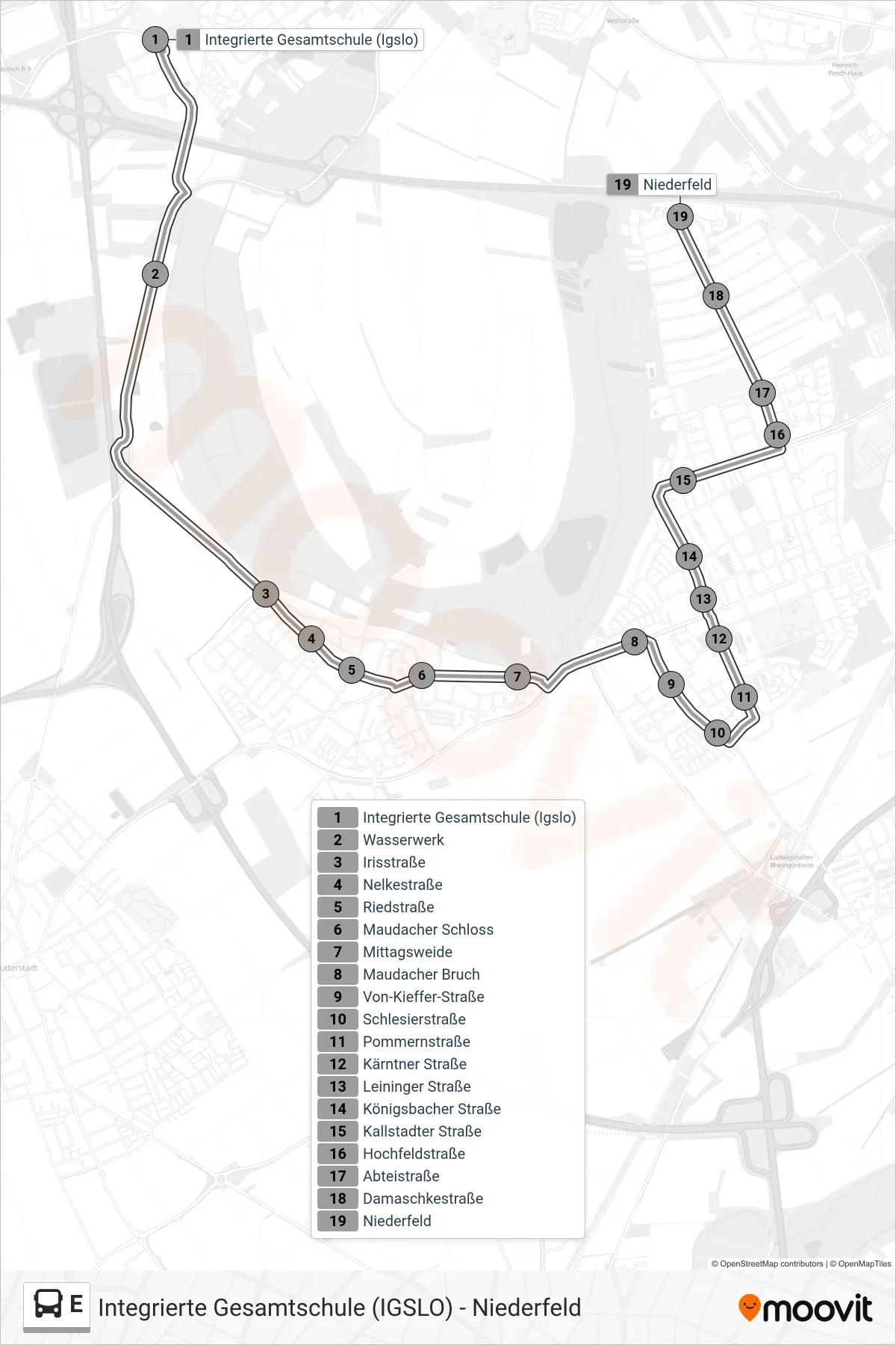 Linie E (Bus) Richtung Schulbus: Route und Haltestellen auf der Karte