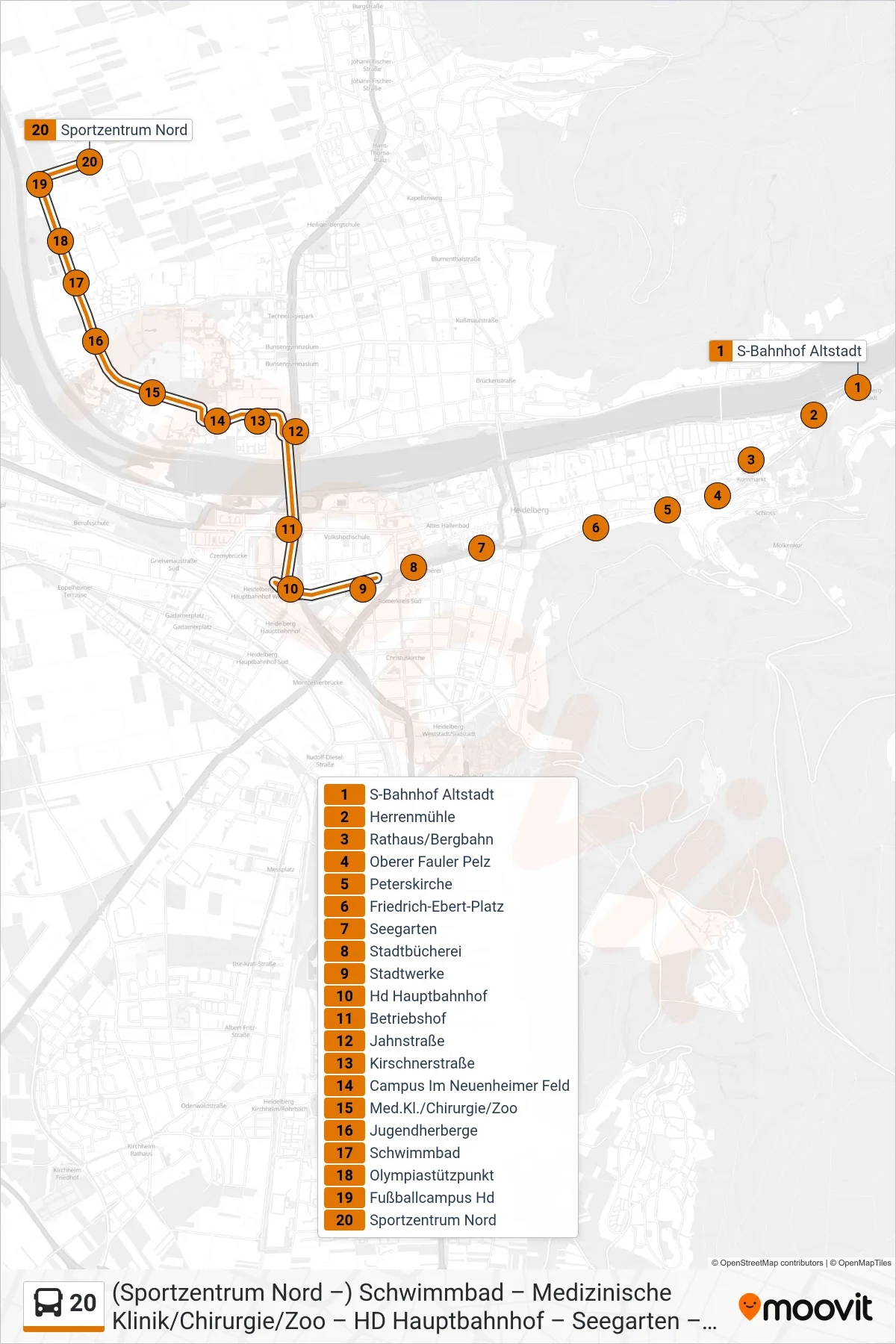 20 bus Line (Sportzentrum Nord) route and stops on a map