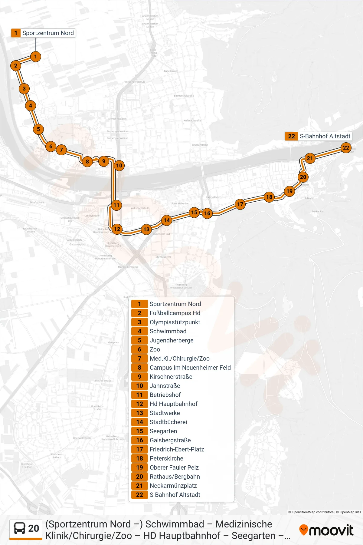 20 bus Line (S-Bahnhof Altstadt) route and stops on a map