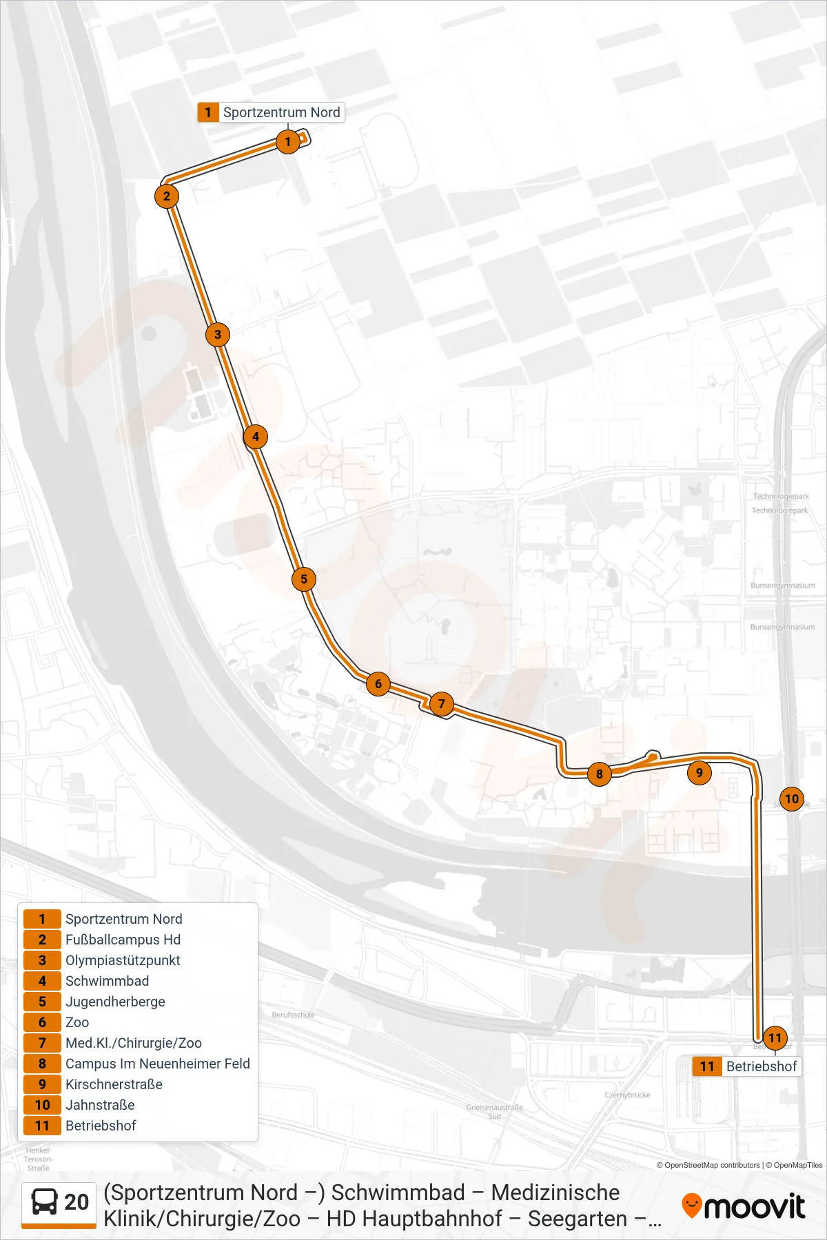 20 bus Line (Betriebshof) route and stops on a map