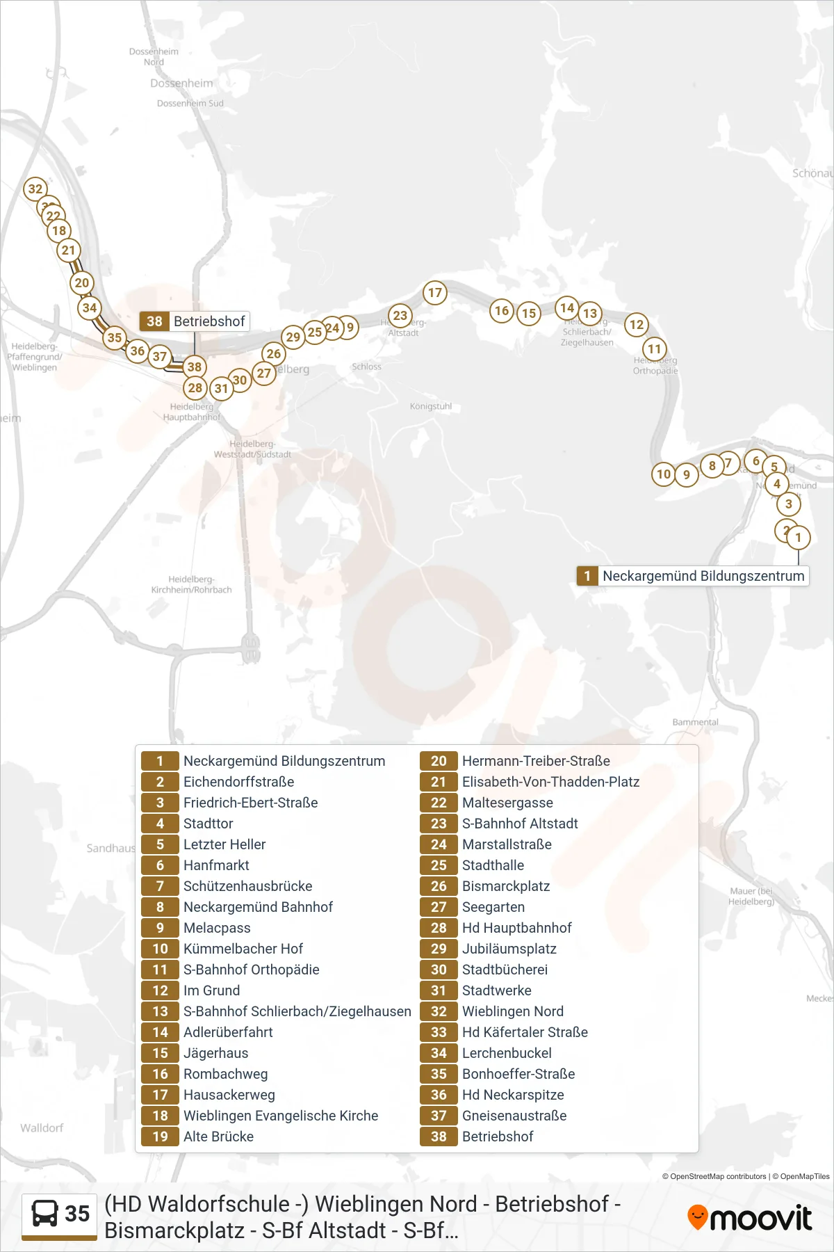 35 bus Line (Betriebshof) route and stops on a map