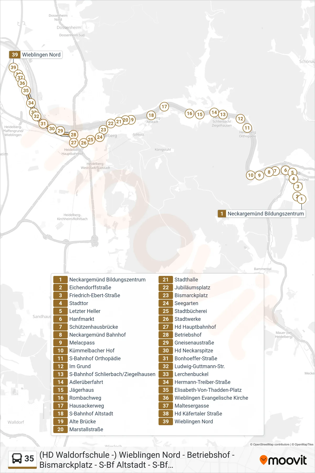 35 bus Line (Wieblingen Nord) route and stops on a map
