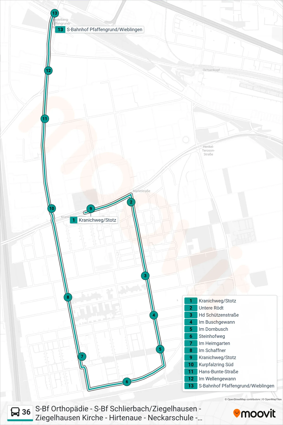 36 bus Line (S-Bf Pfaffengrund/Wiebl.) route and stops on a map