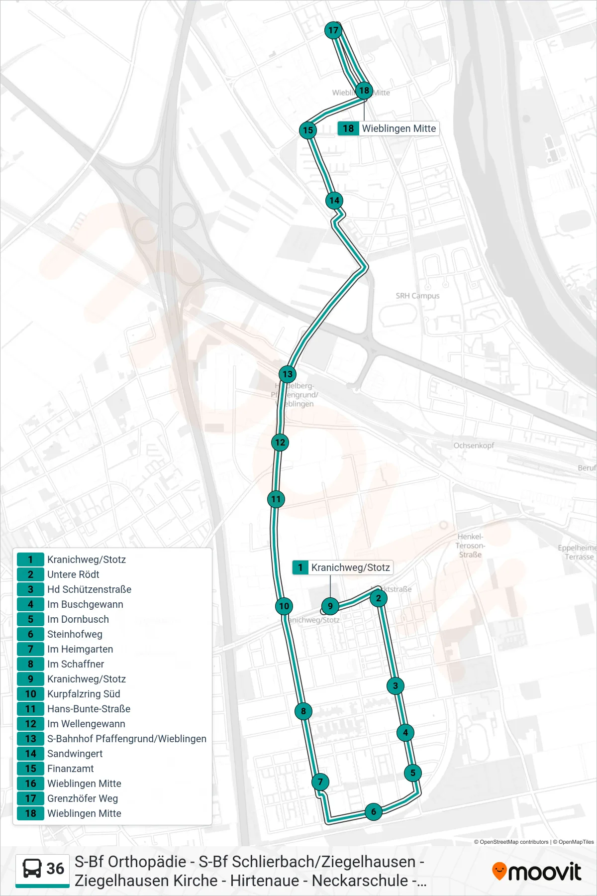 36 bus Line (Wieblingen Mitte) route and stops on a map