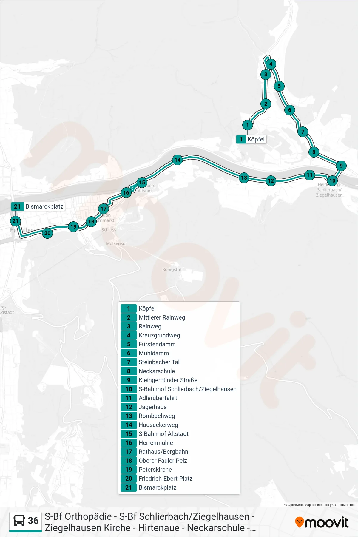 36 bus Line (Bismarckplatz) route and stops on a map