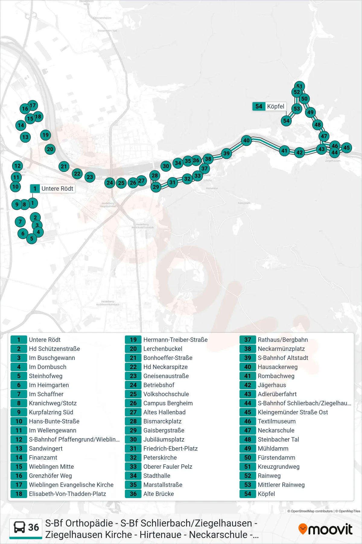 36 bus Line (Ziegelhausen Köpfel) route and stops on a map