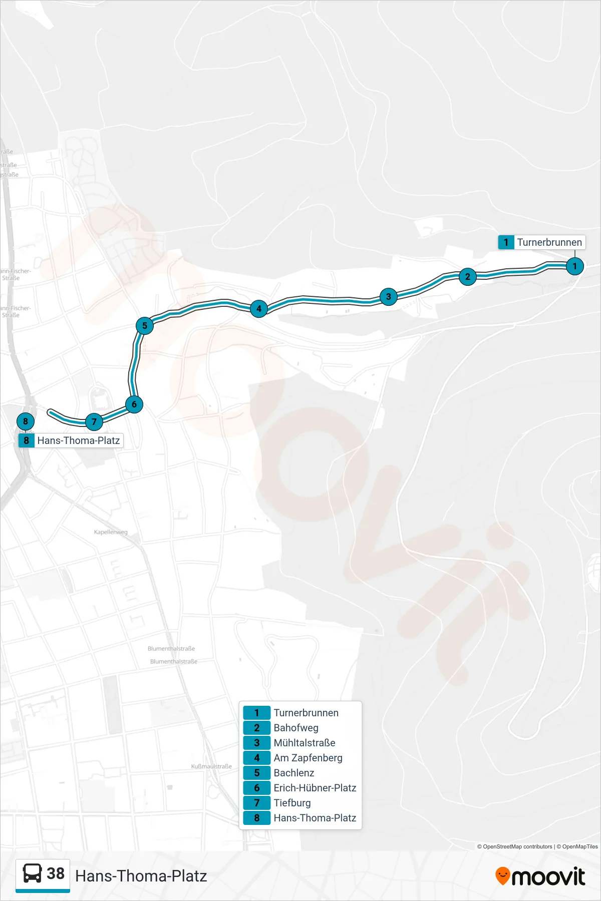 Linie 38 (Bus) Richtung Hans-Thoma-Platz: Route und Haltestellen auf der Karte