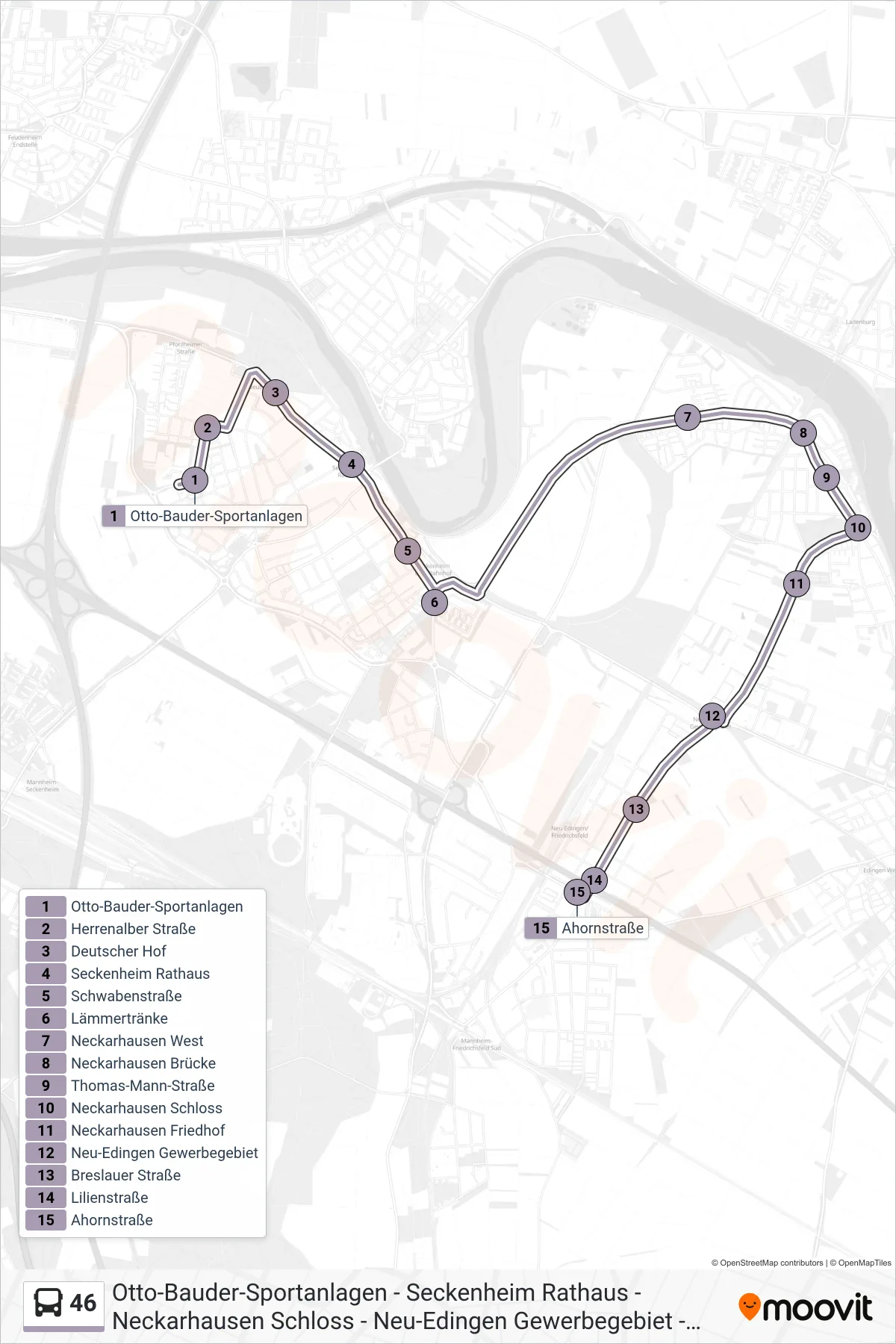 46 bus Line (Friedrichsfeld) route and stops on a map