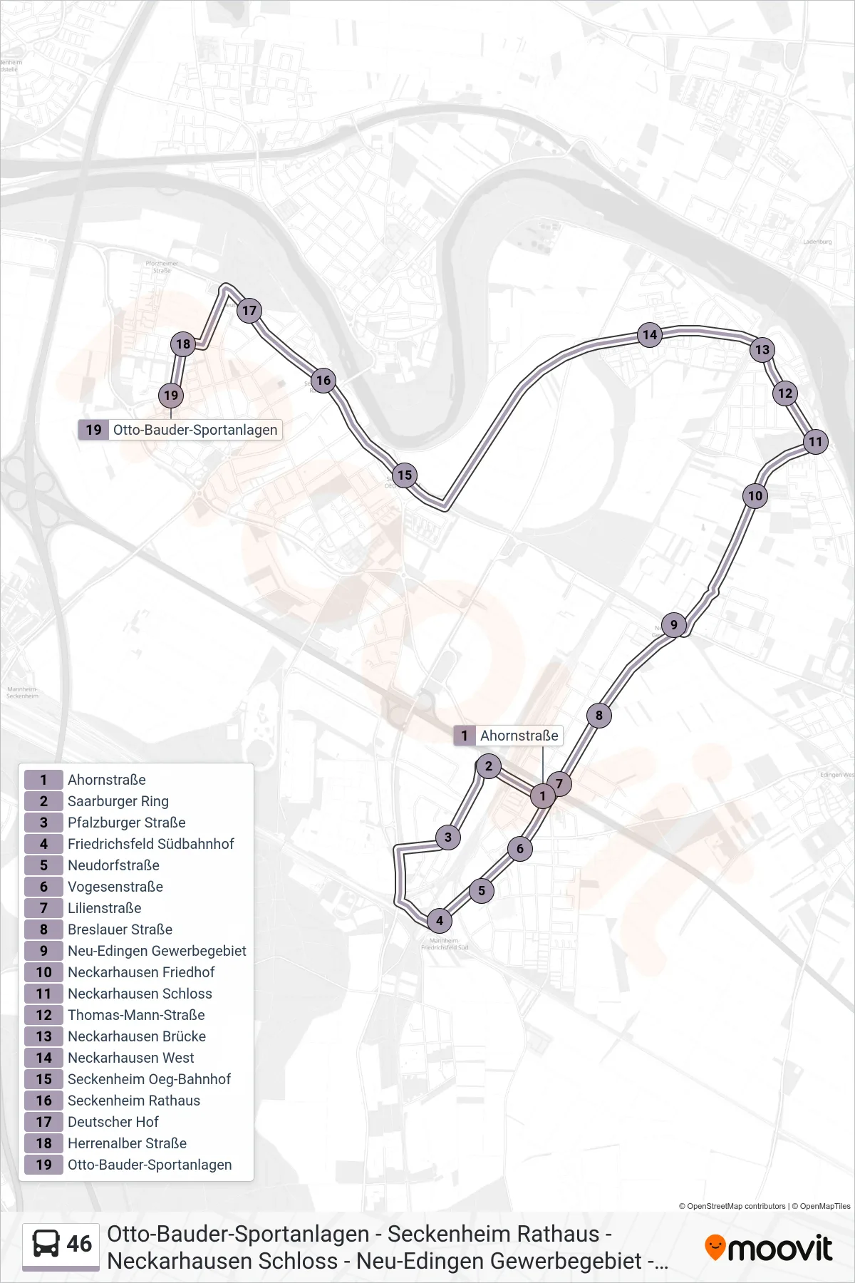 Linie 46 (Bus) Richtung Seckenheim West: Route und Haltestellen auf der Karte