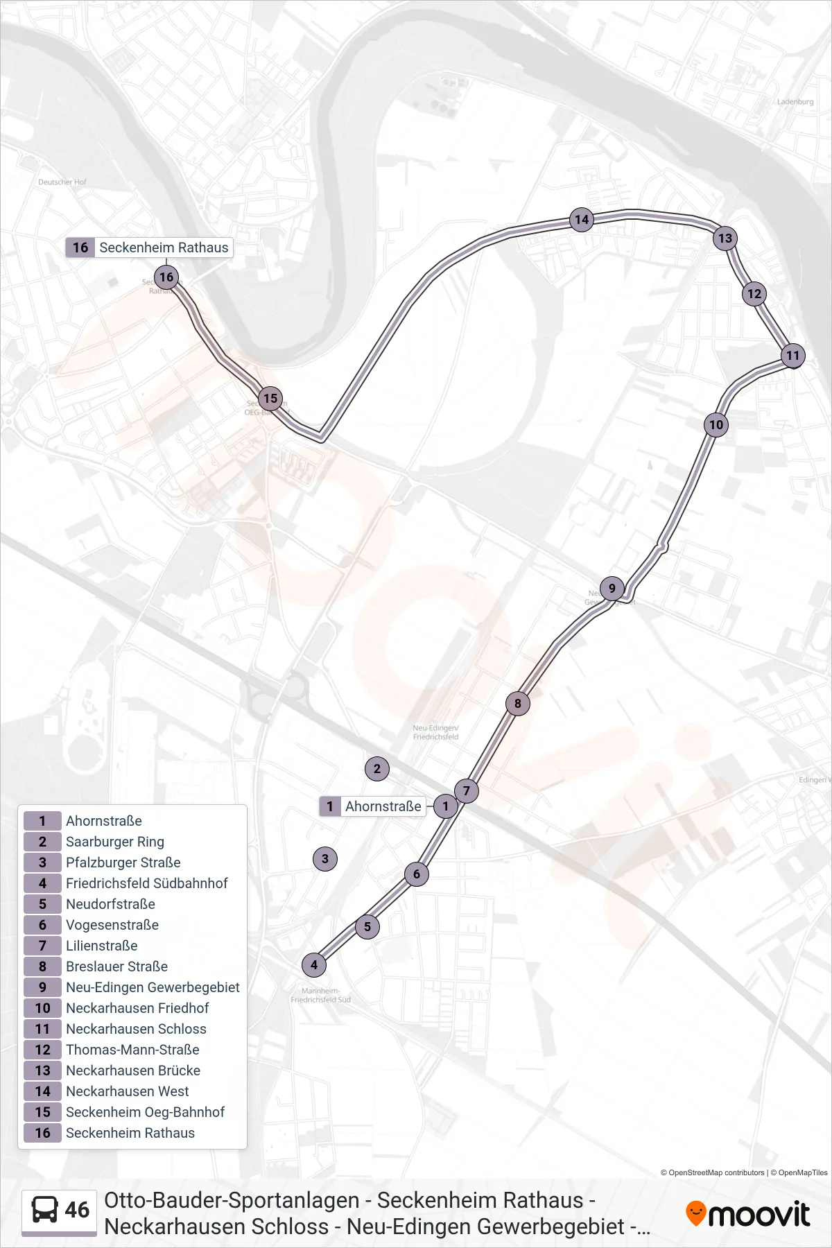 46 bus Line (Seckenheim Rathaus) route and stops on a map