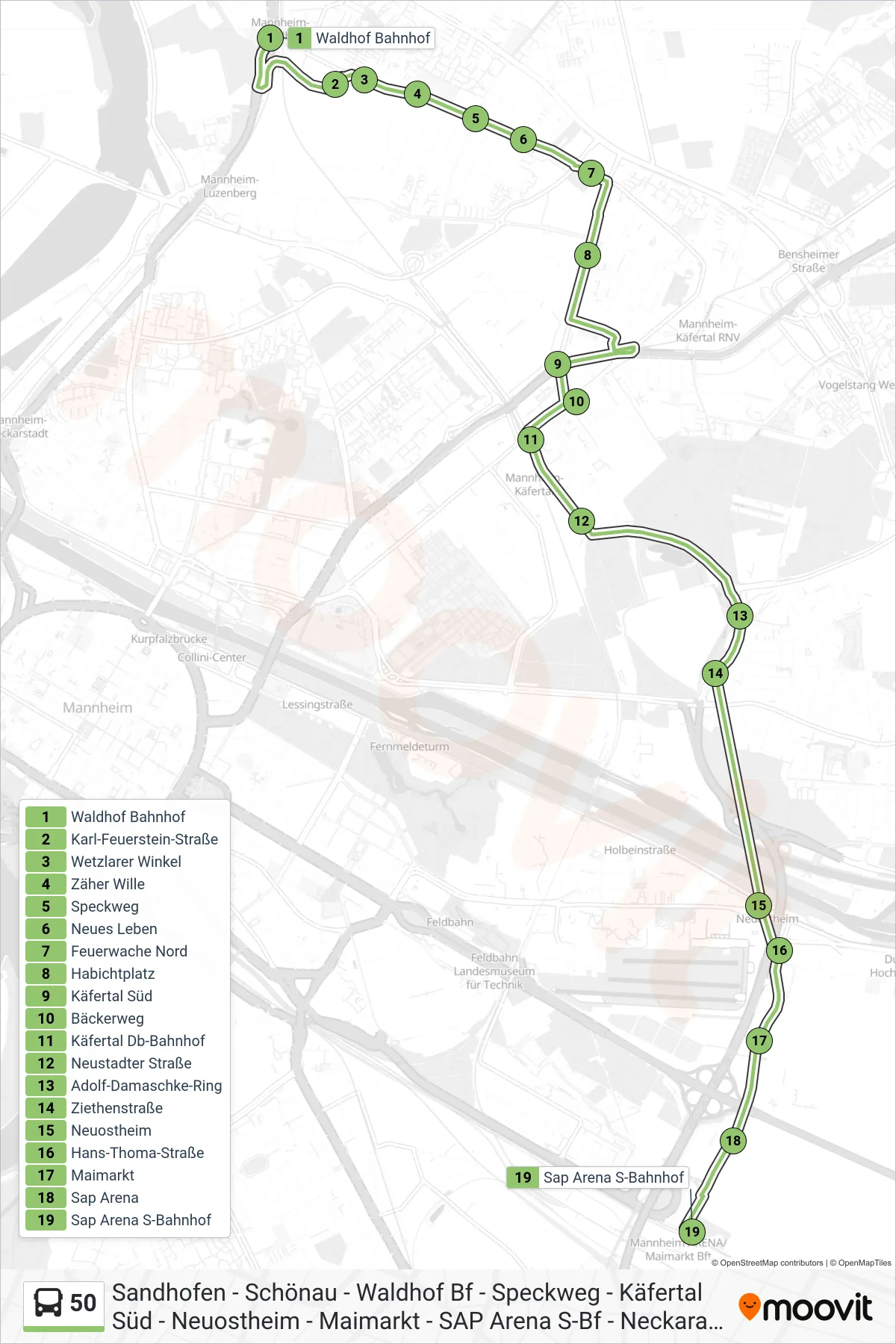 Linie 50 (Bus) Richtung Sap Arena S-Bahnhof: Route und Haltestellen auf der Karte