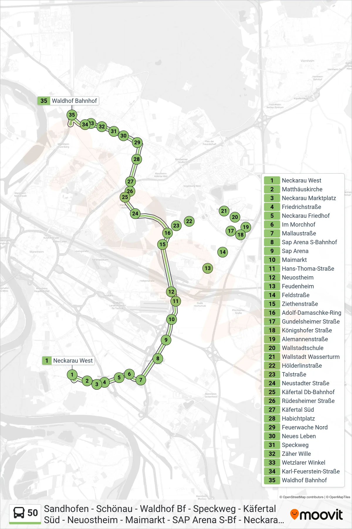 50 bus Line (Waldhof Bahnhof) route and stops on a map