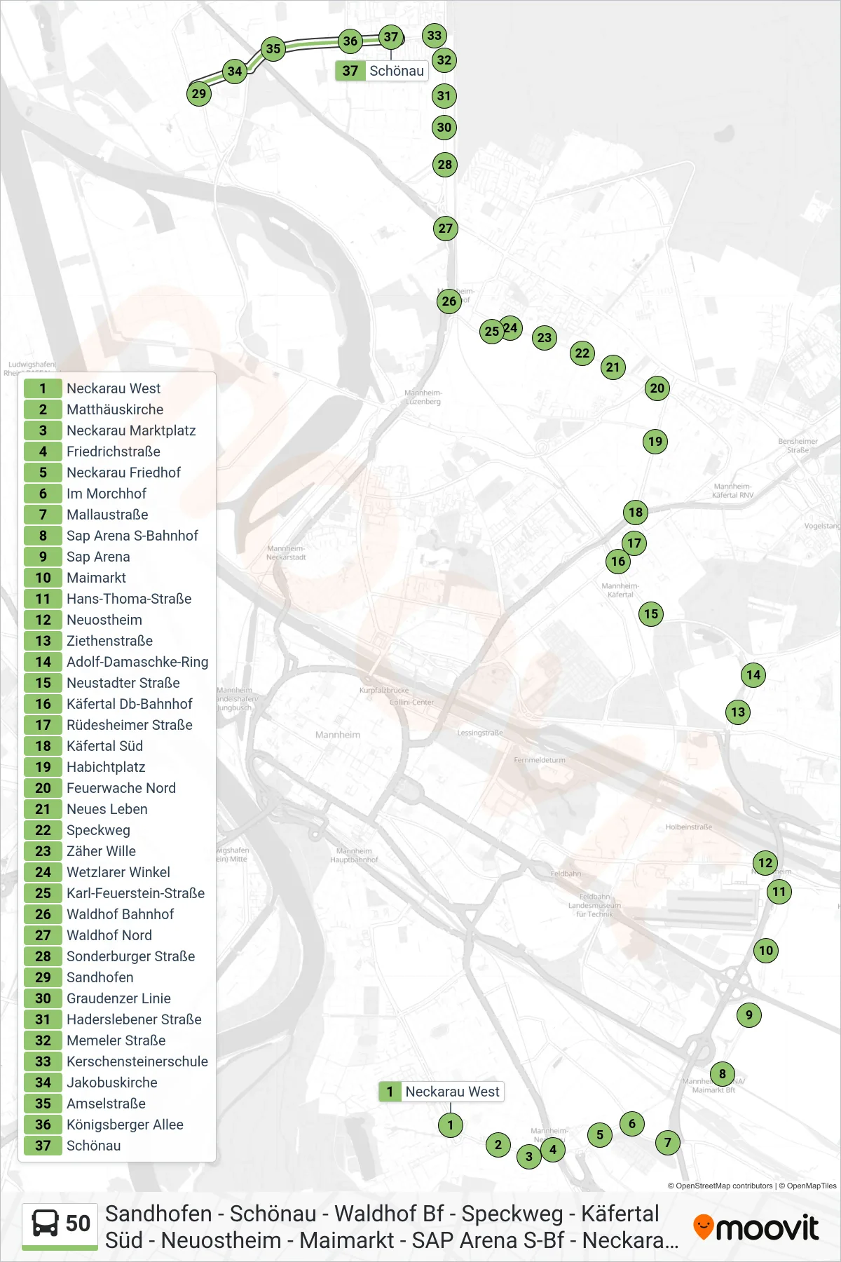 50 bus Line (Schönau) route and stops on a map