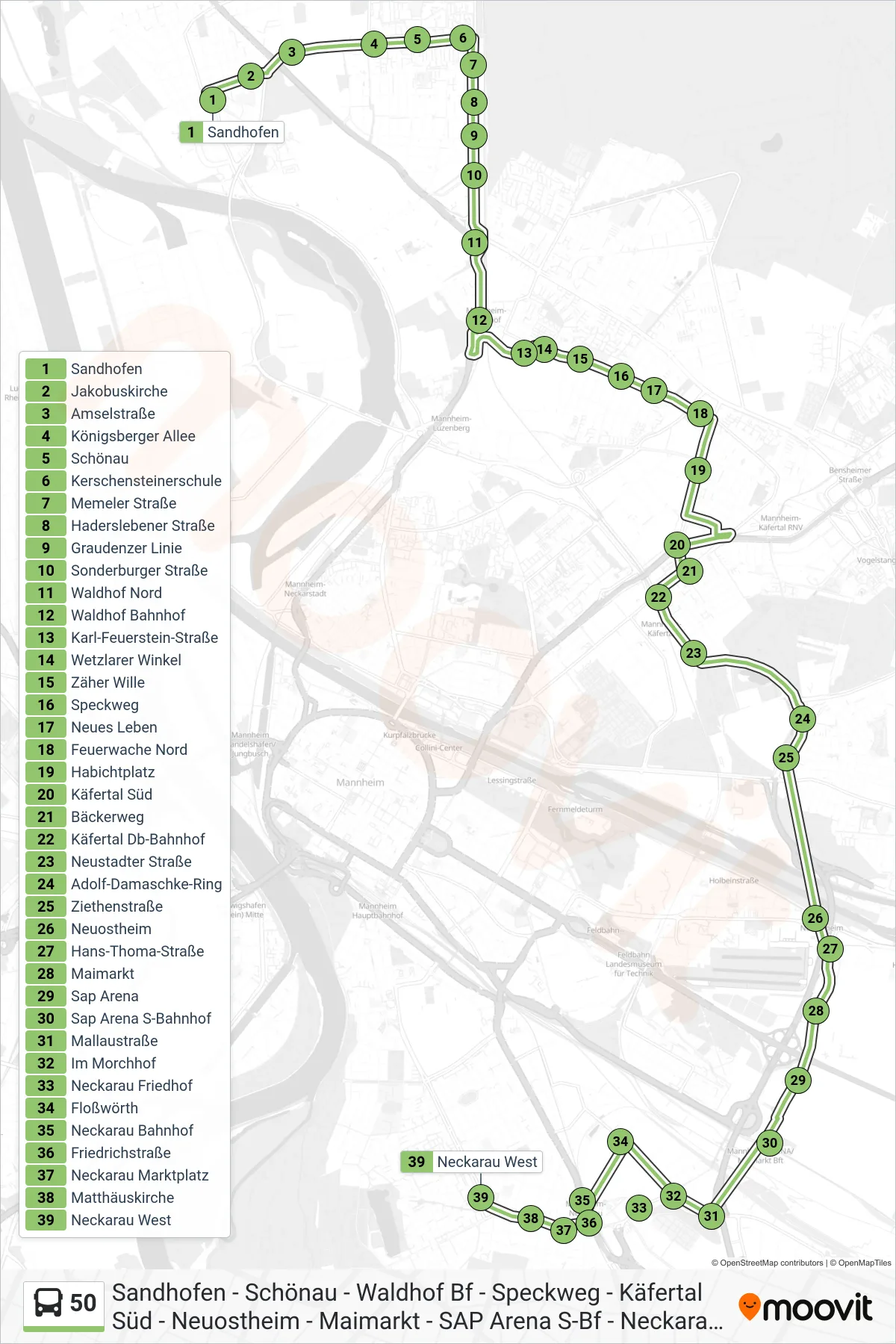 50 bus Line (Neckarau West) route and stops on a map