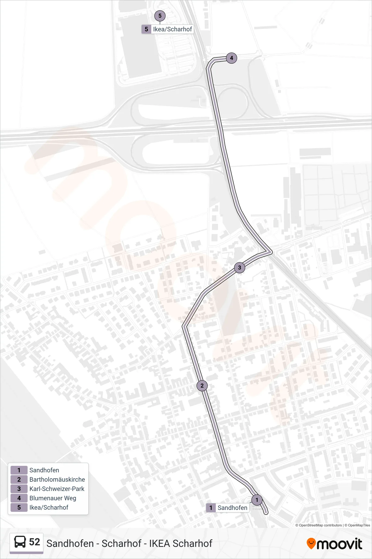52 bus Line (Ikea/Scharhof) route and stops on a map