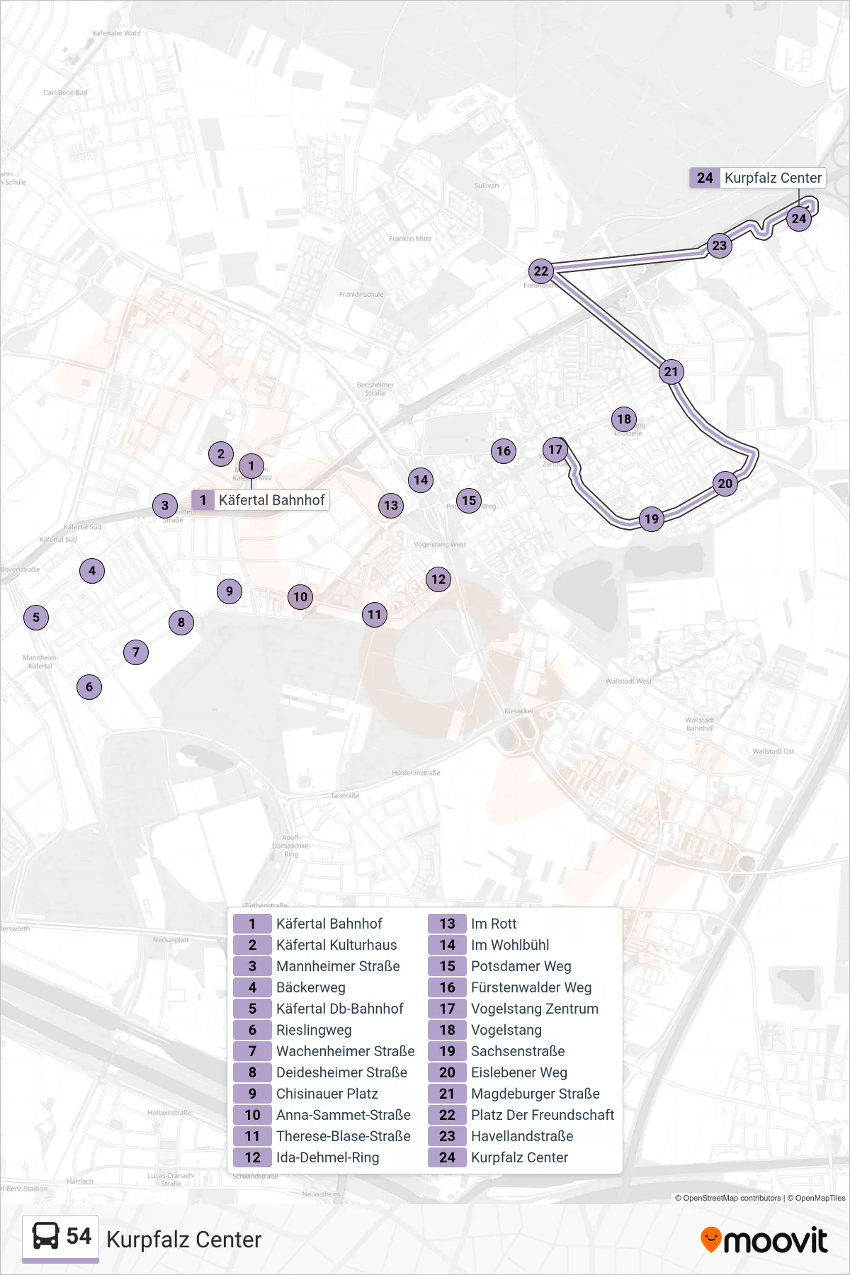 54 bus Line (Kurpfalz Center) route and stops on a map