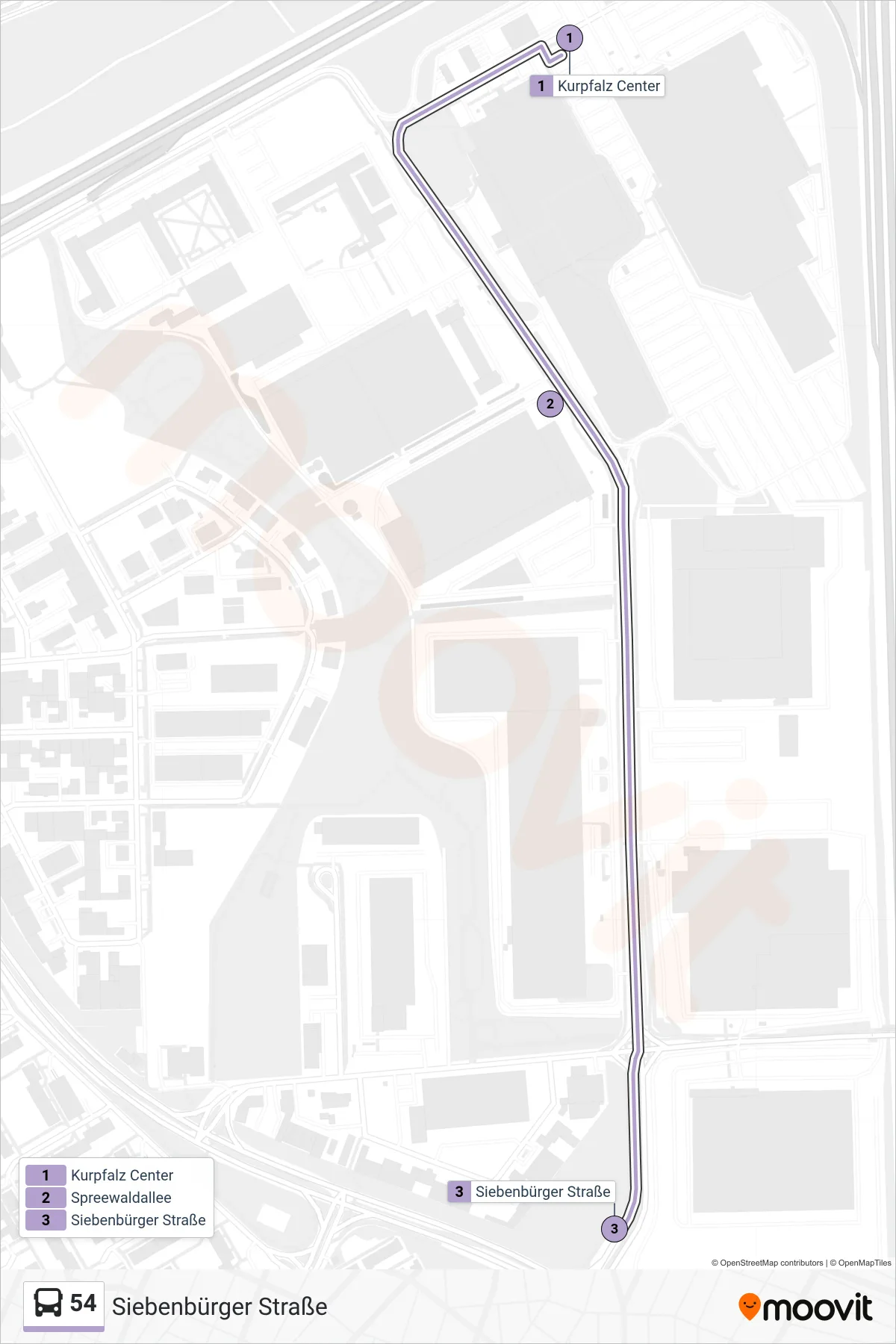 54 bus Line (Siebenbürger Straße) route and stops on a map