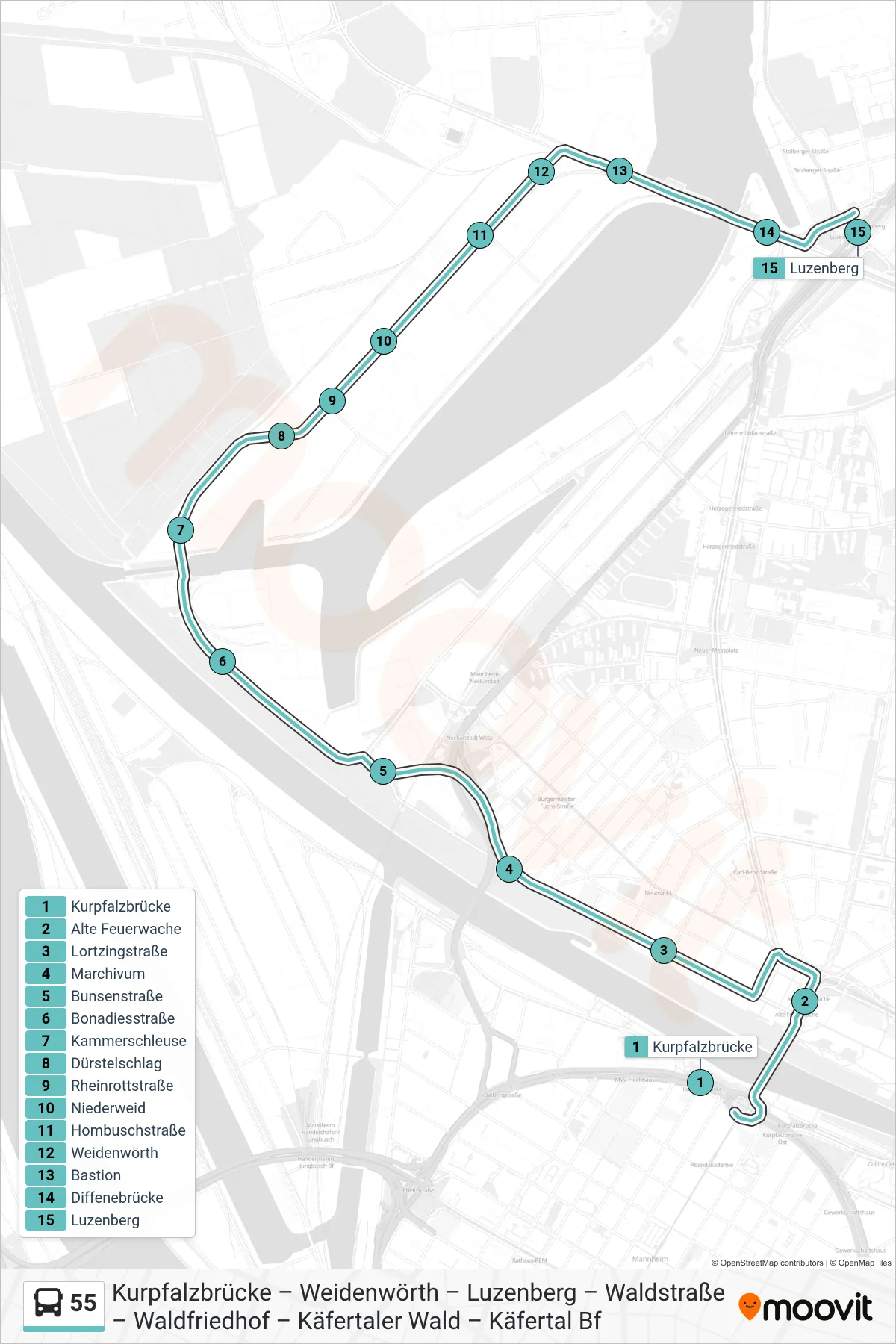 Linie 55 (Bus) Richtung Luzenberg: Route und Haltestellen auf der Karte