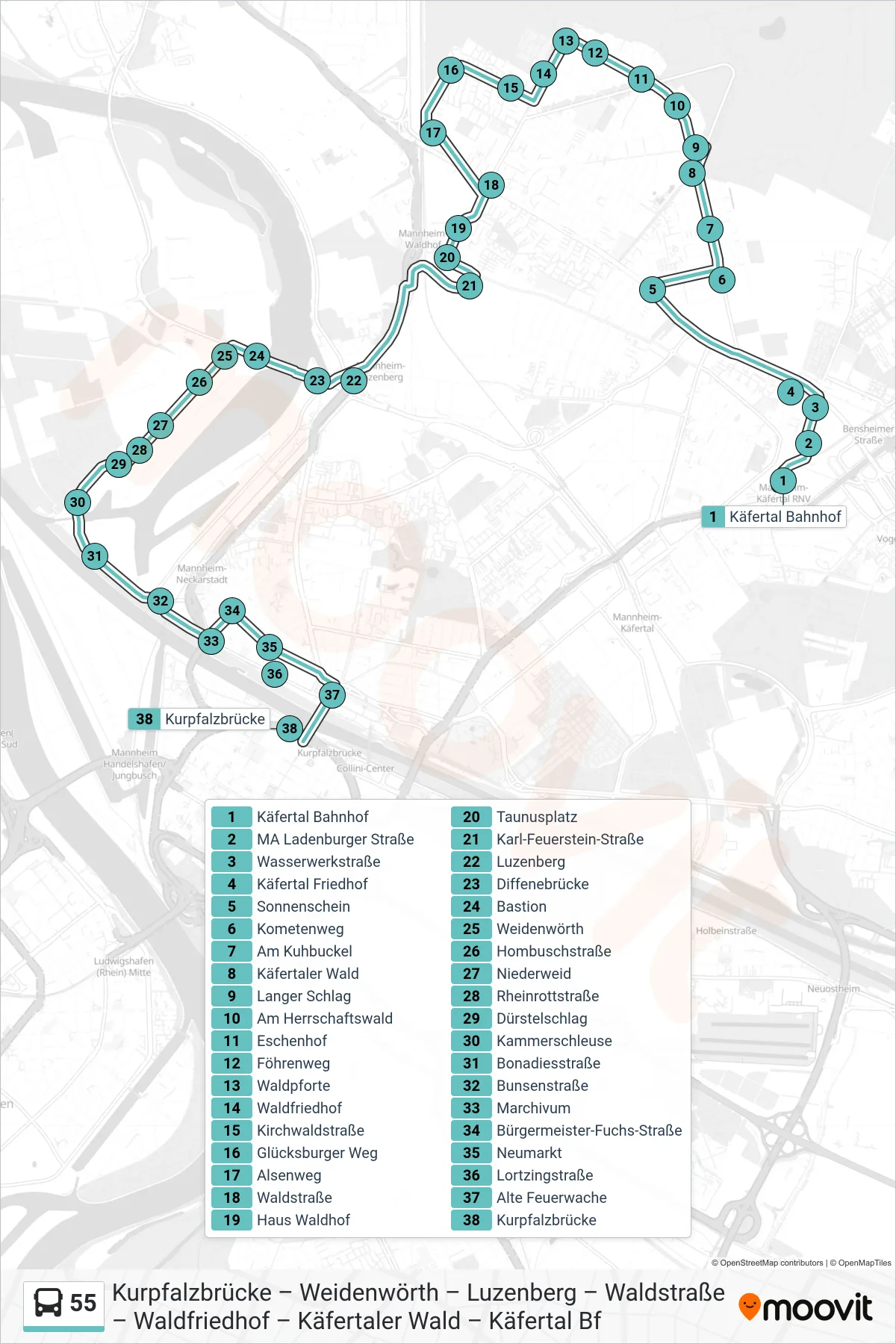 55 bus Line (Kurpfalzbrücke) route and stops on a map
