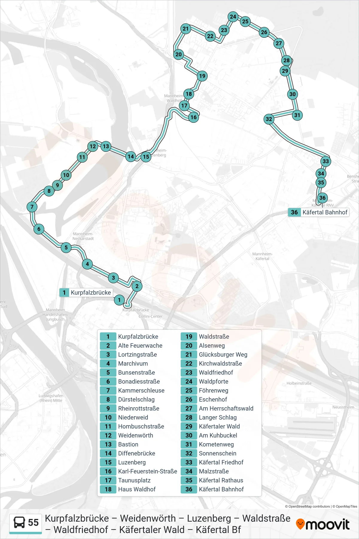 55 bus Line (Käfertal Bf) route and stops on a map