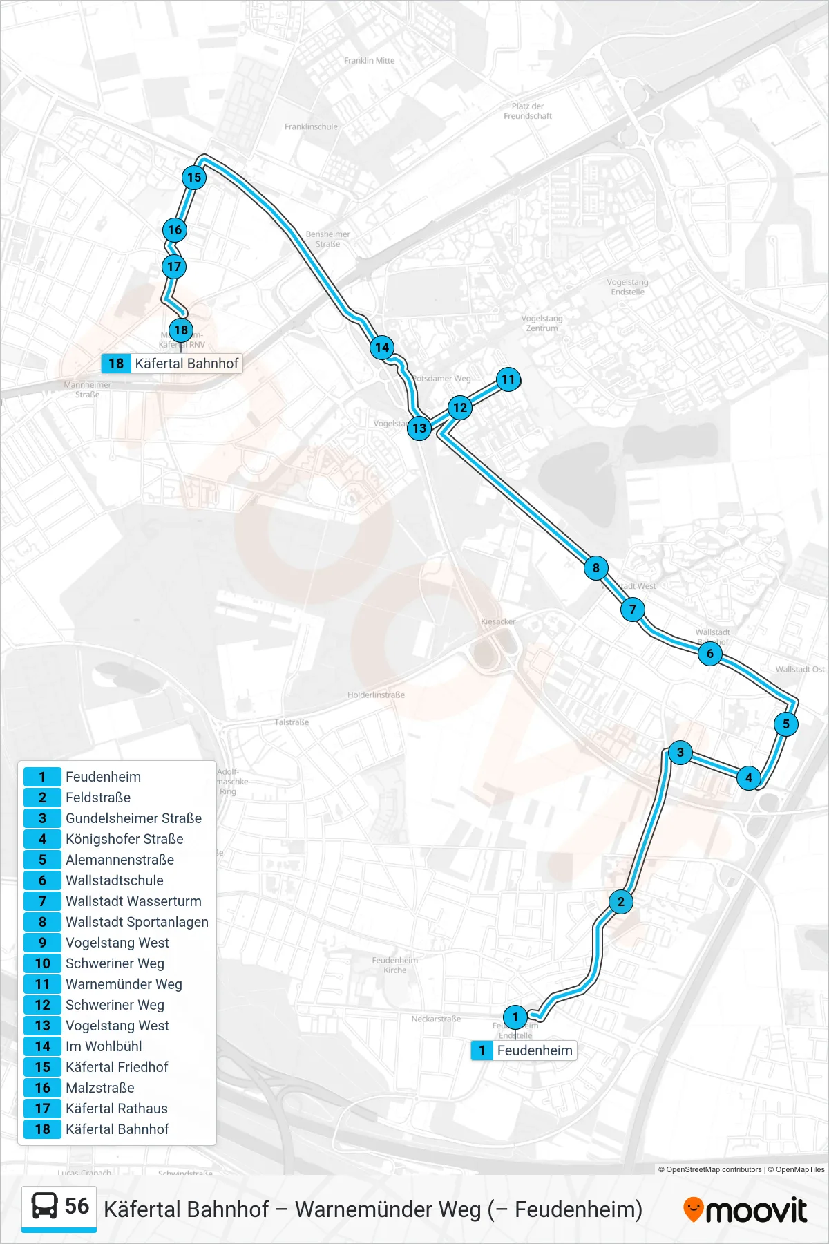 56 bus Line (Käfertal) route and stops on a map