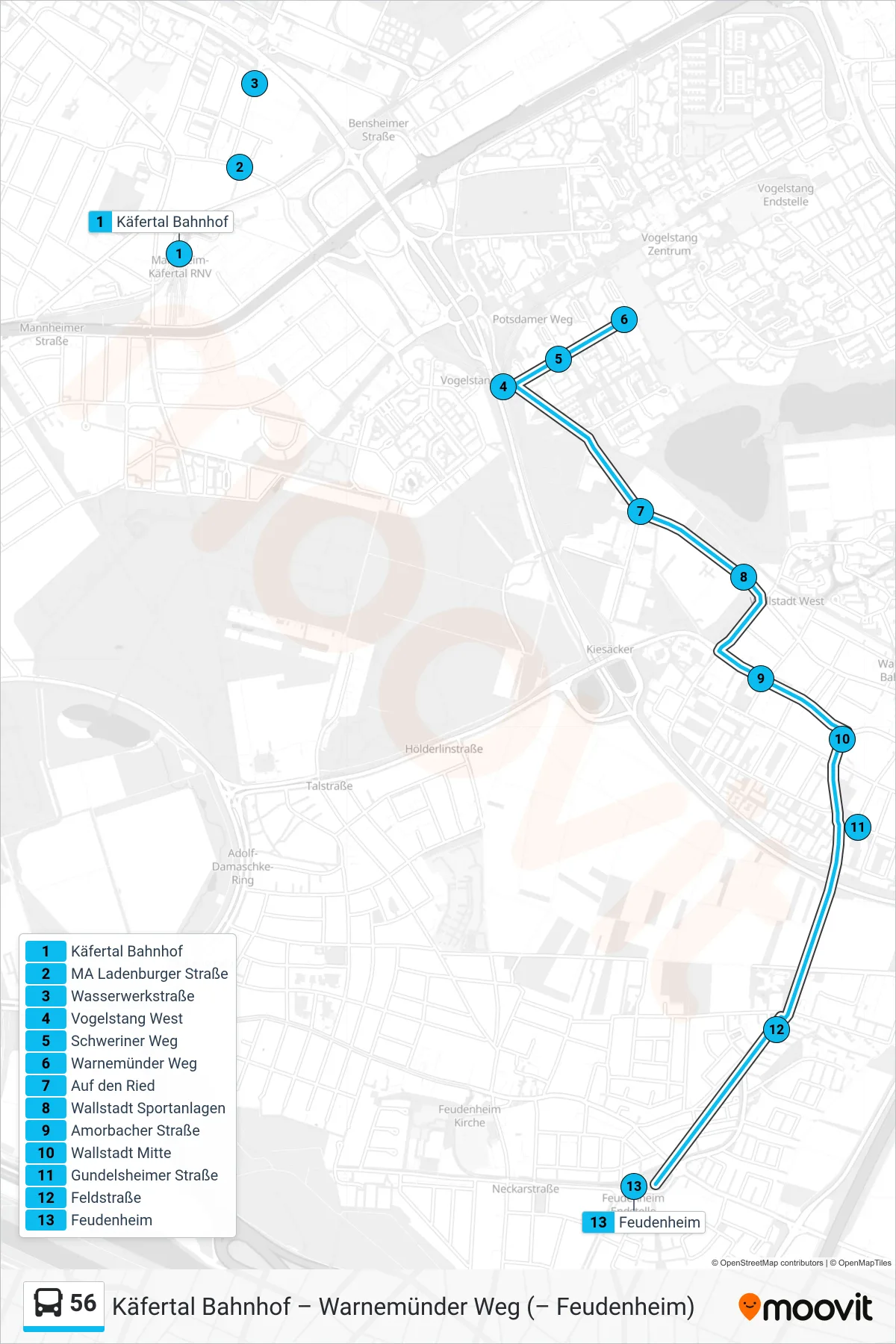 56 bus Line (Feudenheim) route and stops on a map