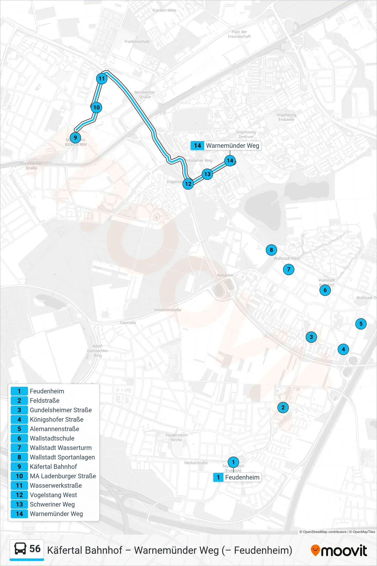 56 bus Line (Warnemünder Weg) route and stops on a map