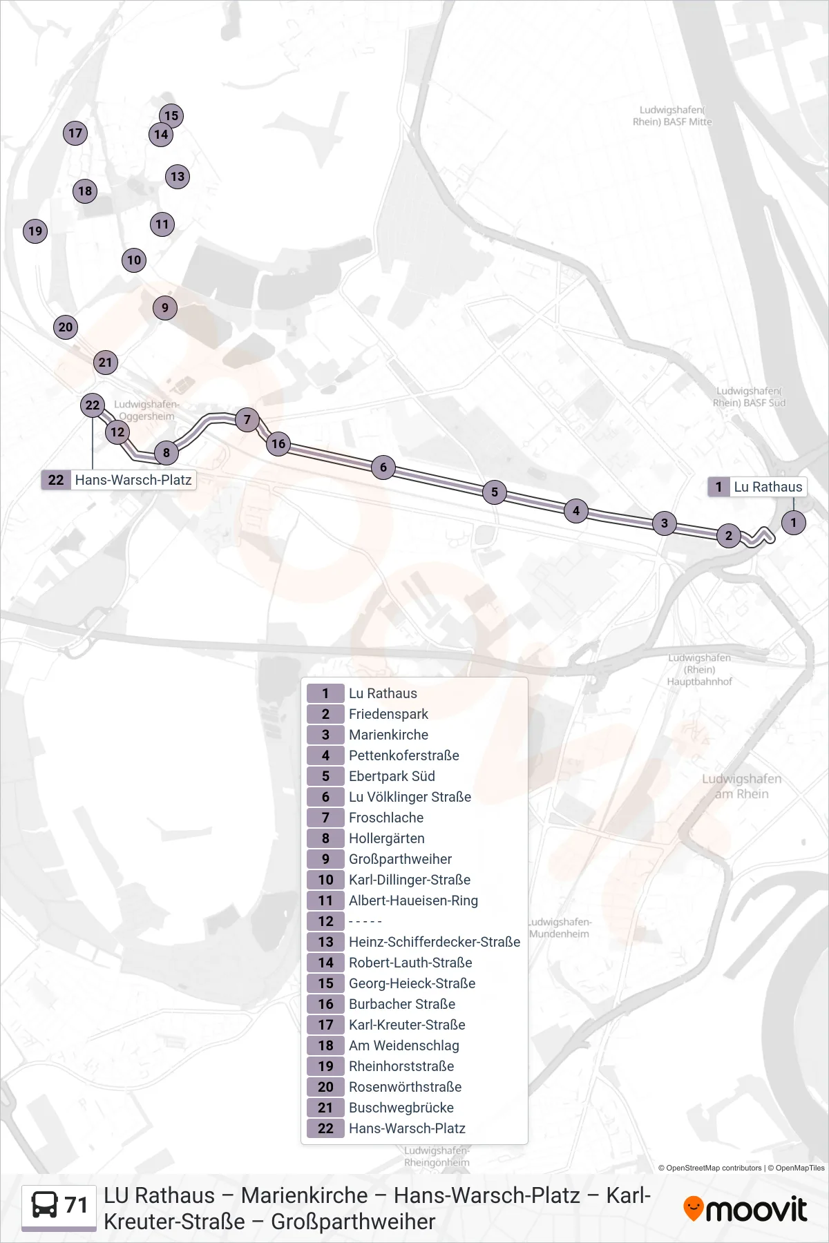 71 bus Line (Hans-Warsch-Platz) route and stops on a map