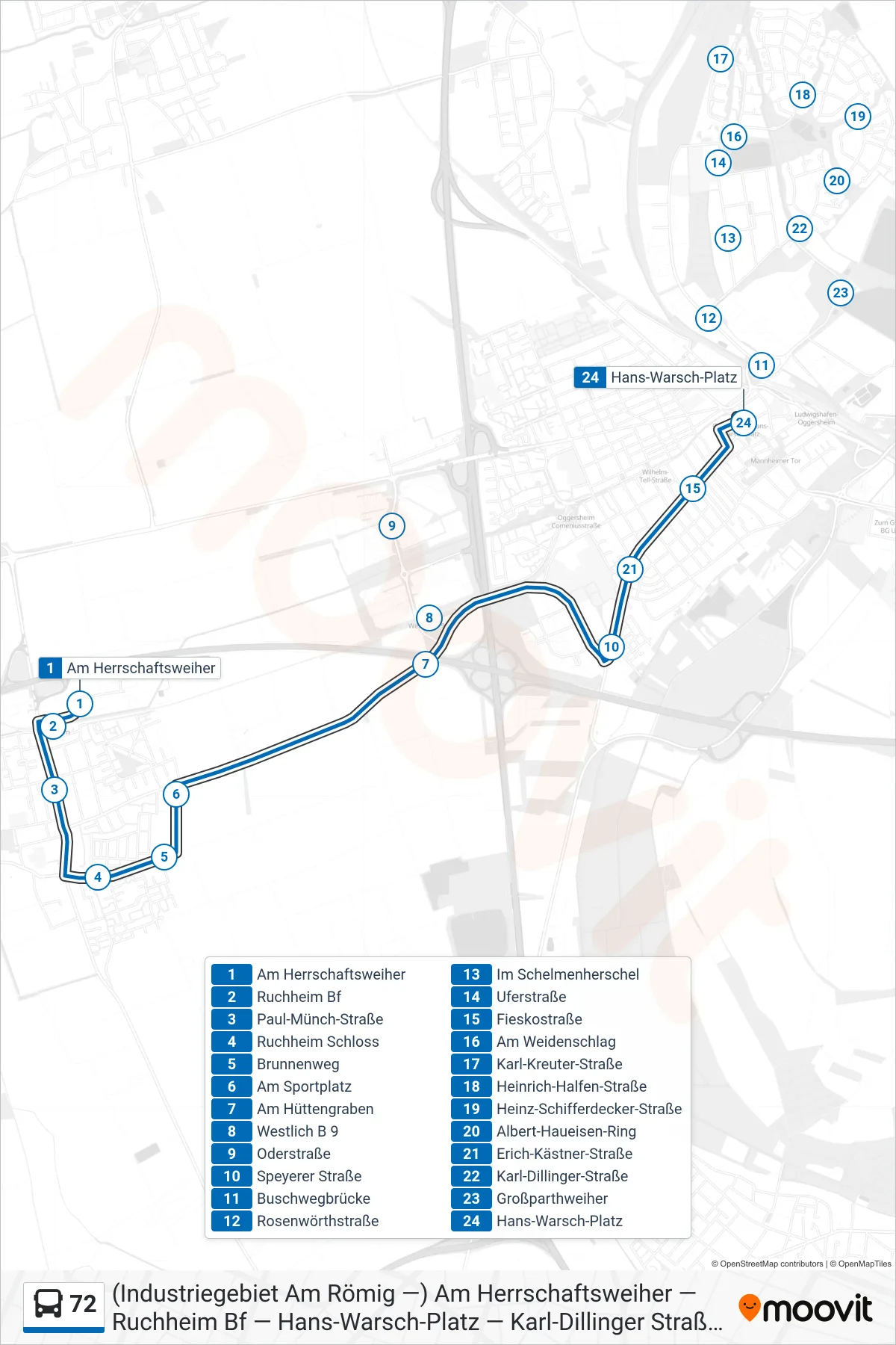 72 bus Line (Hans-Warsch-Platz) route and stops on a map