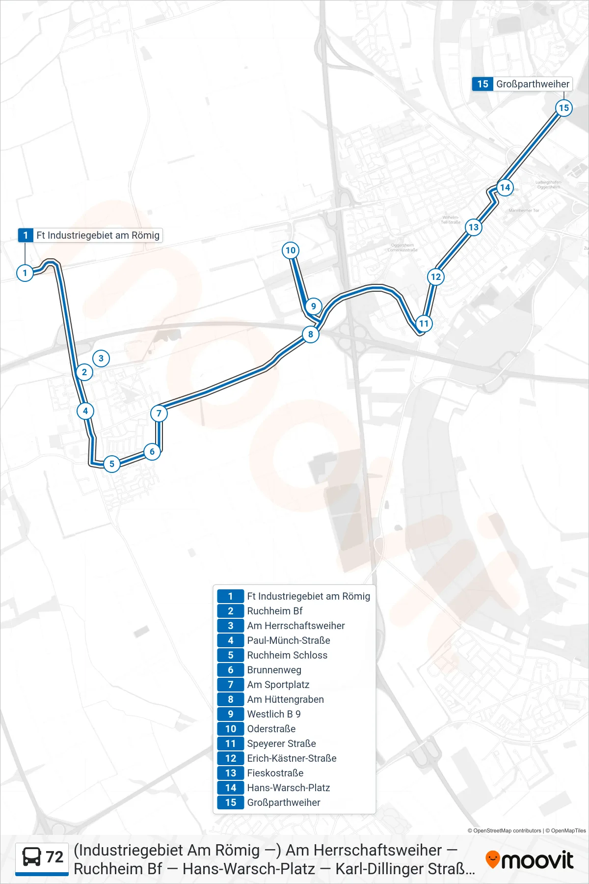 72 bus Line (Melm-Notwende) route and stops on a map